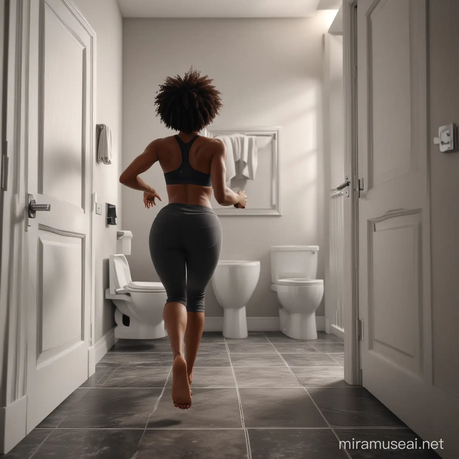 3d ultra high resolution render, unreal engine render  image of a black women running towards the toilet