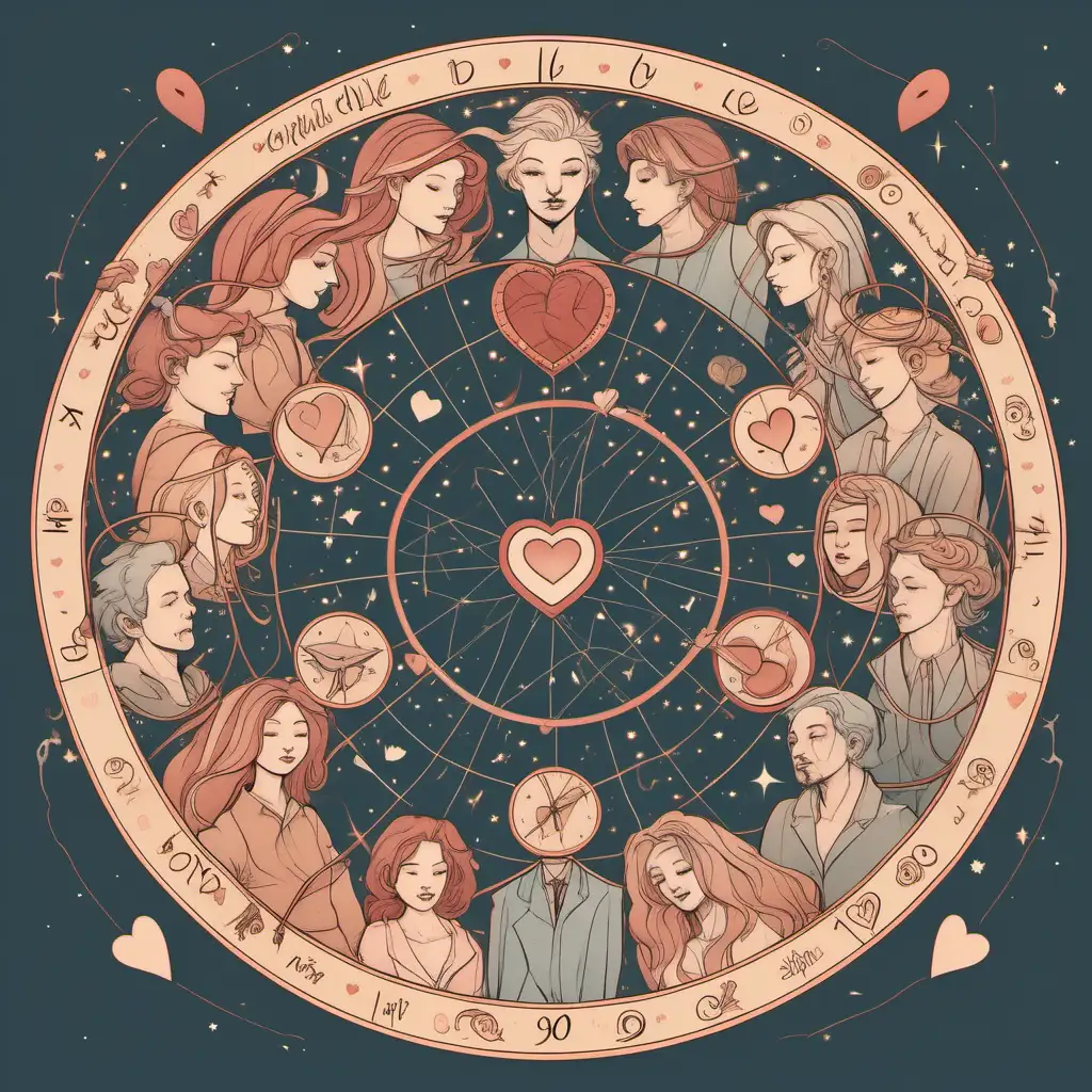 Astrological Wheel of Love Couples and Heart Shapes in Muted Colors