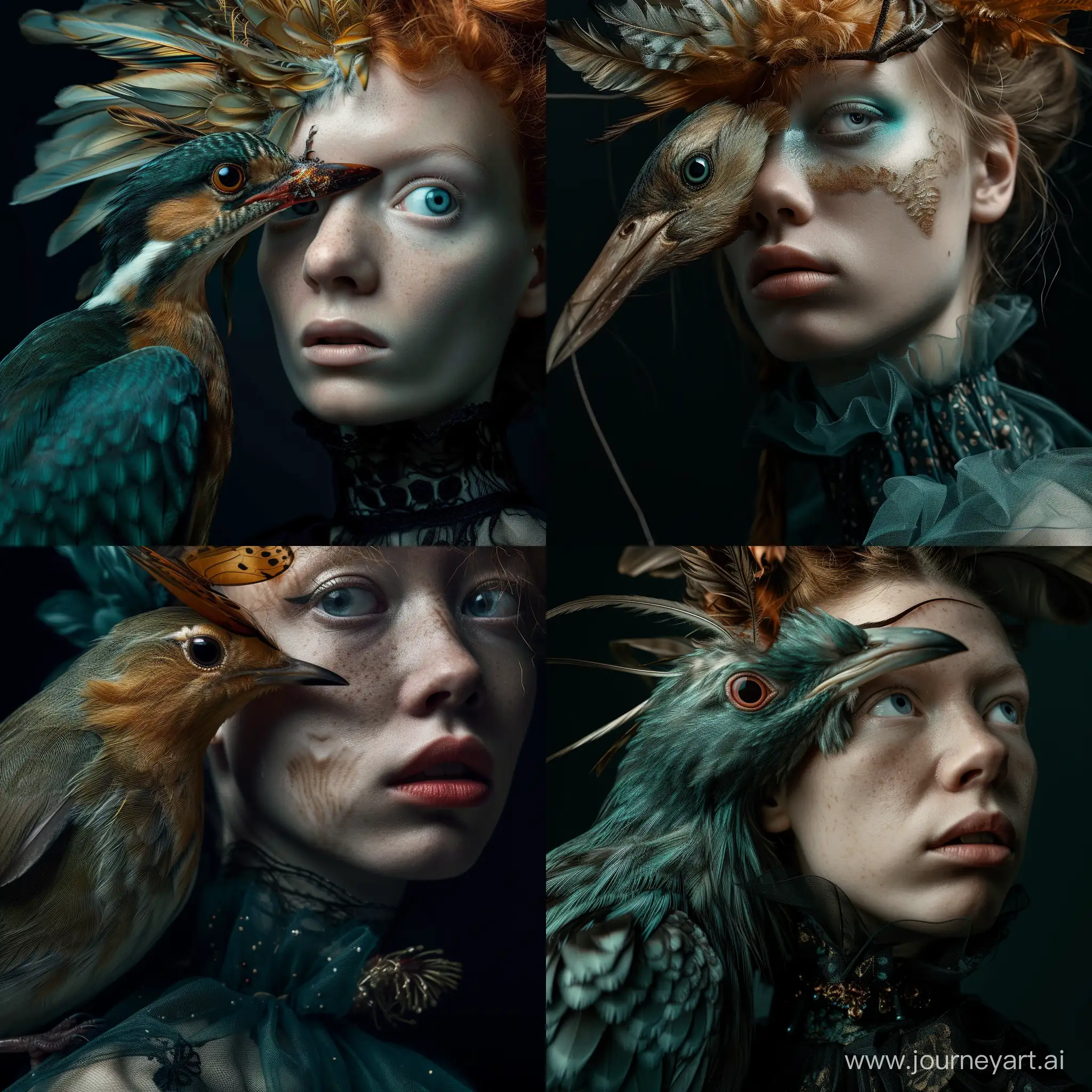 portrait photo of a woman with a bird, surreal portrait, eerily realistic, metamorphosis, teal and amber, black background, kodak portra 800 --style raw --sref https://cdn.discordapp.com/attachments/1187305629551972372/1204871200535482388/6df3c3e1660f0f5ee4c127a6ea39c65748b958a5d6e54f7660df5c58f9dda499.webp?ex=65d64ebf&is=65c3d9bf&hm=5e1d2fcf28ada6093c44edba1116ced7697acab26dd26ed25431082bd2d08936& --sw 100 