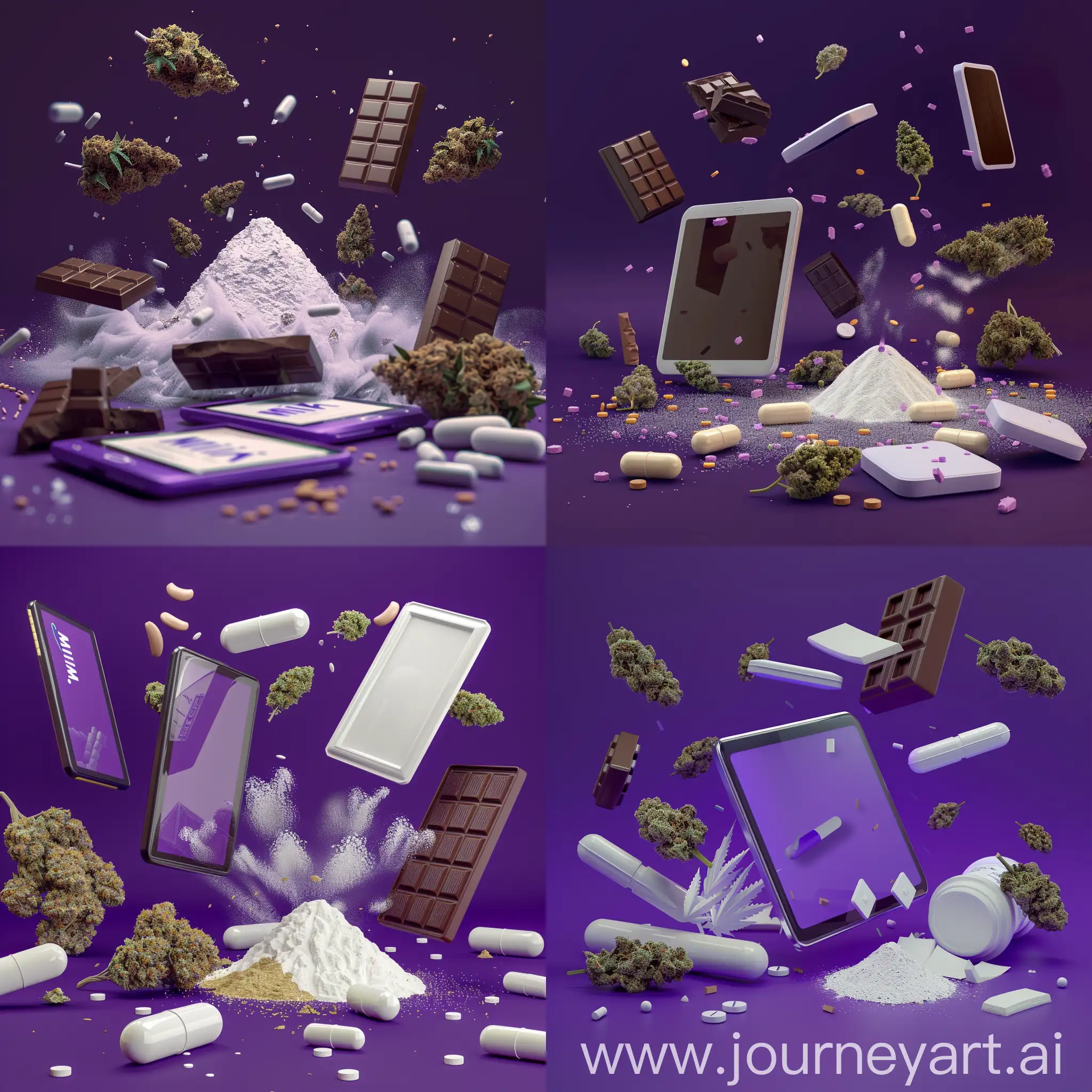 фиолетовый фон, летающие таблеткиб белый порошок, канабис и шоколадка милка. 3d
