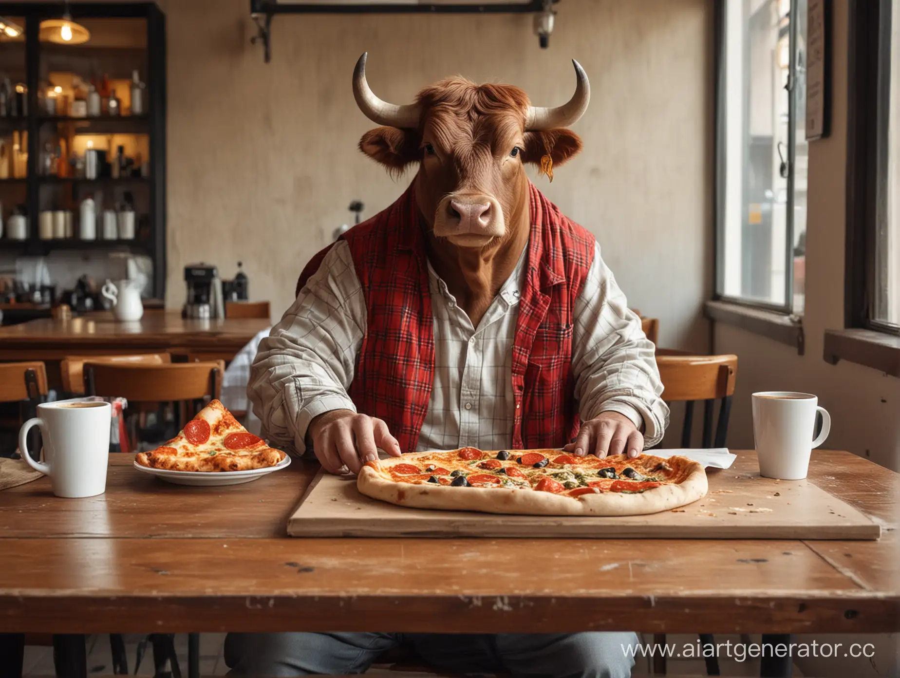 Bull-Dining-in-Casual-Attire-with-Pizza-in-Caf-Setting
