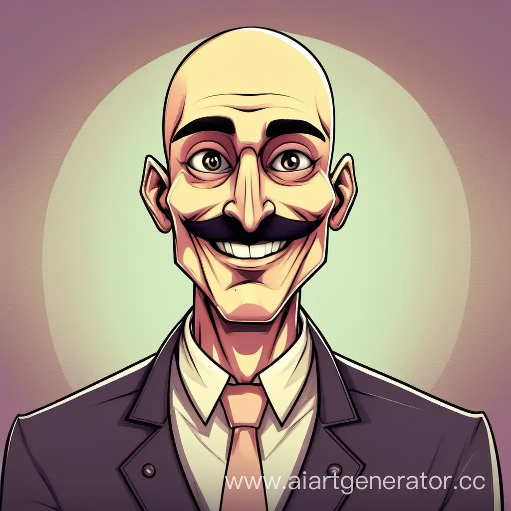 2d, man with a square mustache and stubble, chest-length, long skull,  long elongated face, NFT style,smile, cartoon long face, wide face, big eyebrows,  bald, oval skull