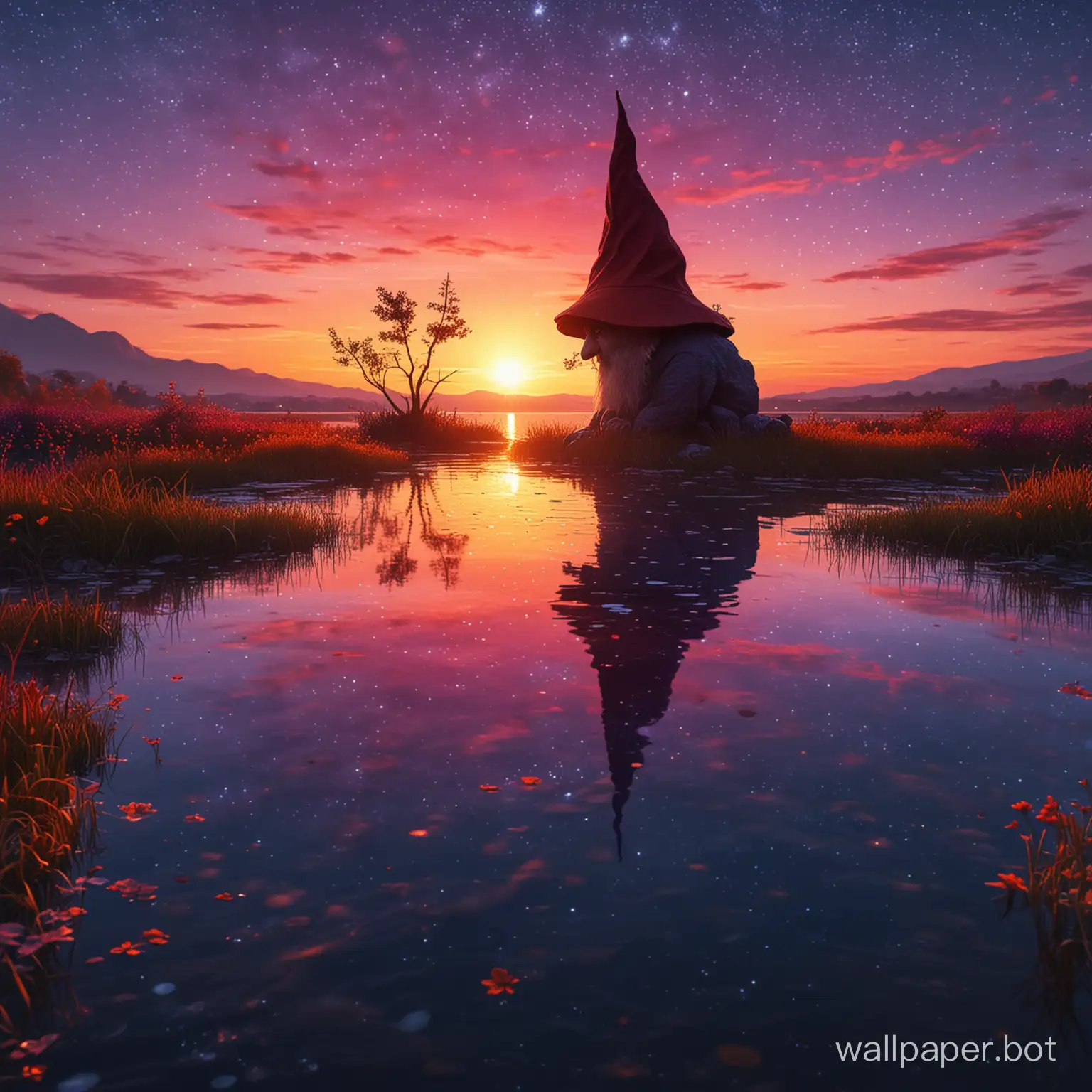 make me an 1920x1080p wallpaper, gnome style landscape, contrasting colours red orange blue purple, sun setting in the middle, beautiful water body, make the sky dark, stars in the sky