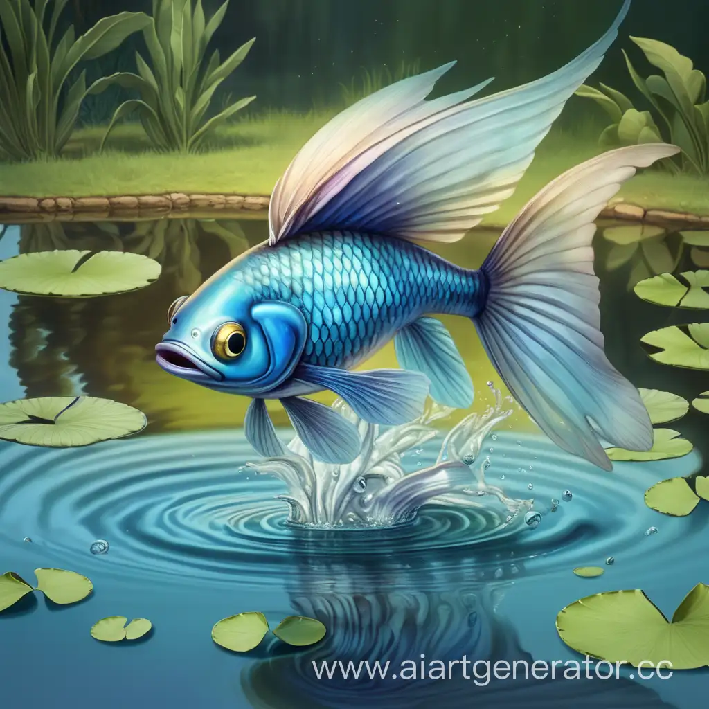 Winged fish jumps out the pond