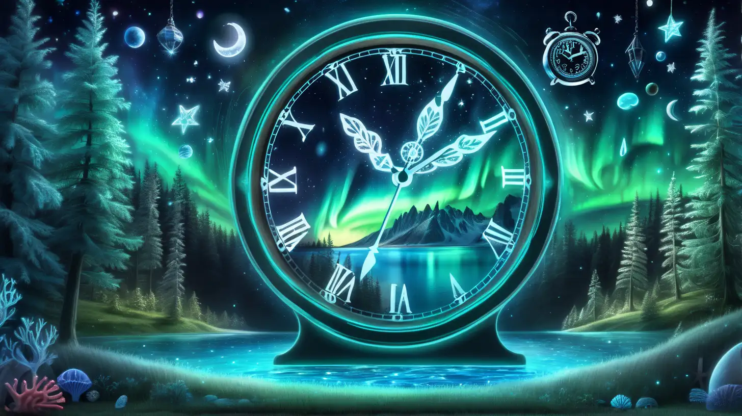 a glowing magical clock surrounded by blue and green magical-fairytale chalk board with northern lights and a forest and cute chalk ocean and corals with a planet and stars and moons as a YouTube banner