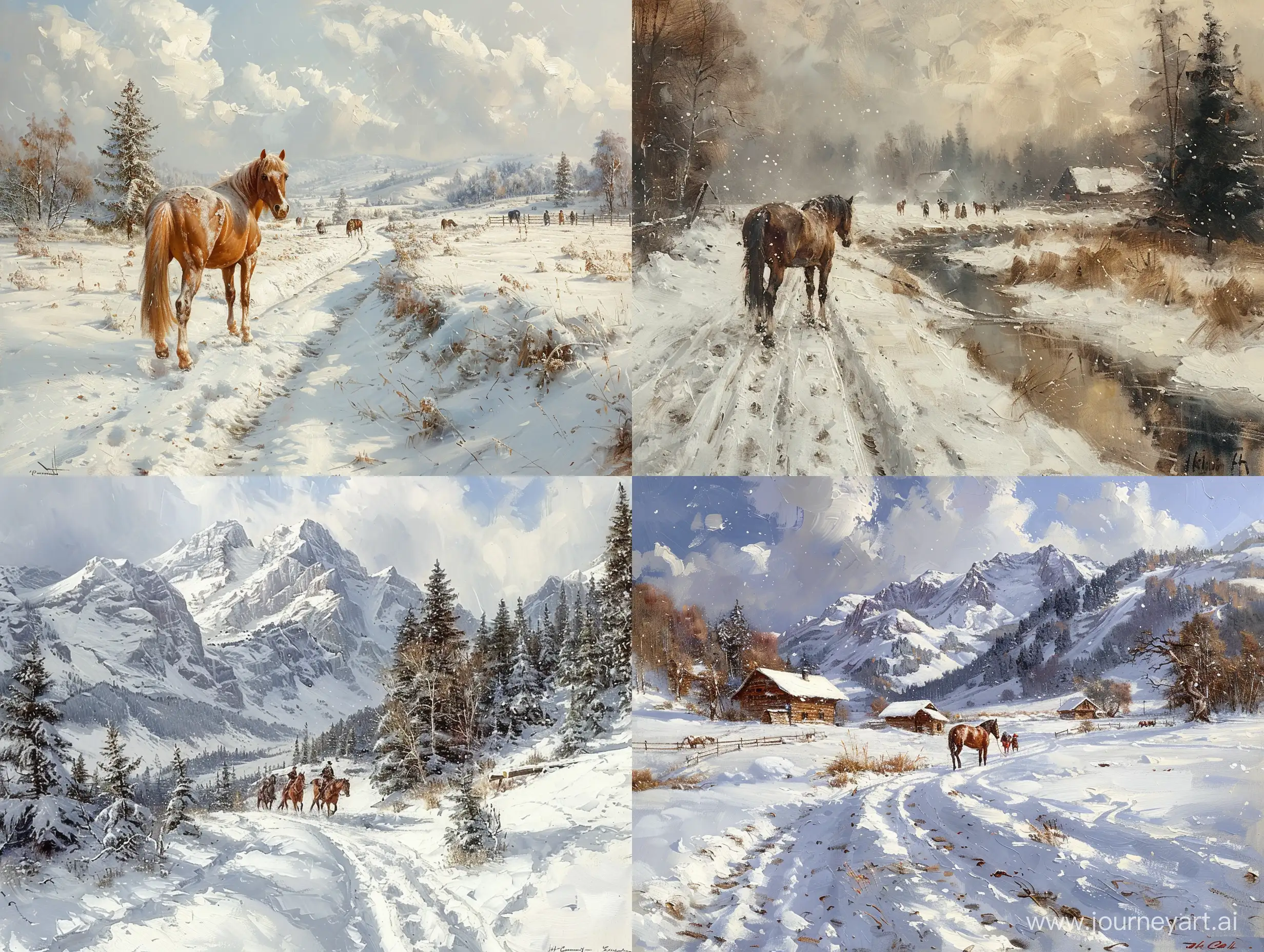 Realistic-Winter-Landscape-Painting-People-and-Horse-in-Snowy-Western-Country-Setting