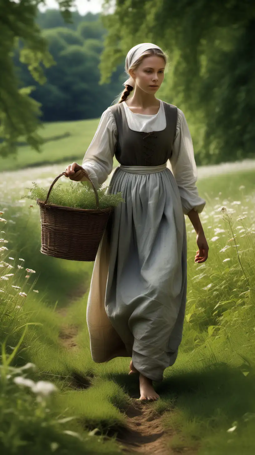 Tranquil Maid Strolling in a Medieval Meadow