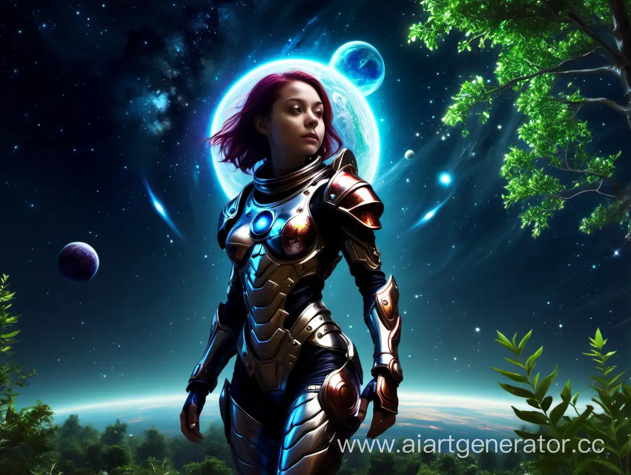 Glowing-Tree-Amidst-Cosmic-Night-Girl-in-Space-Armor