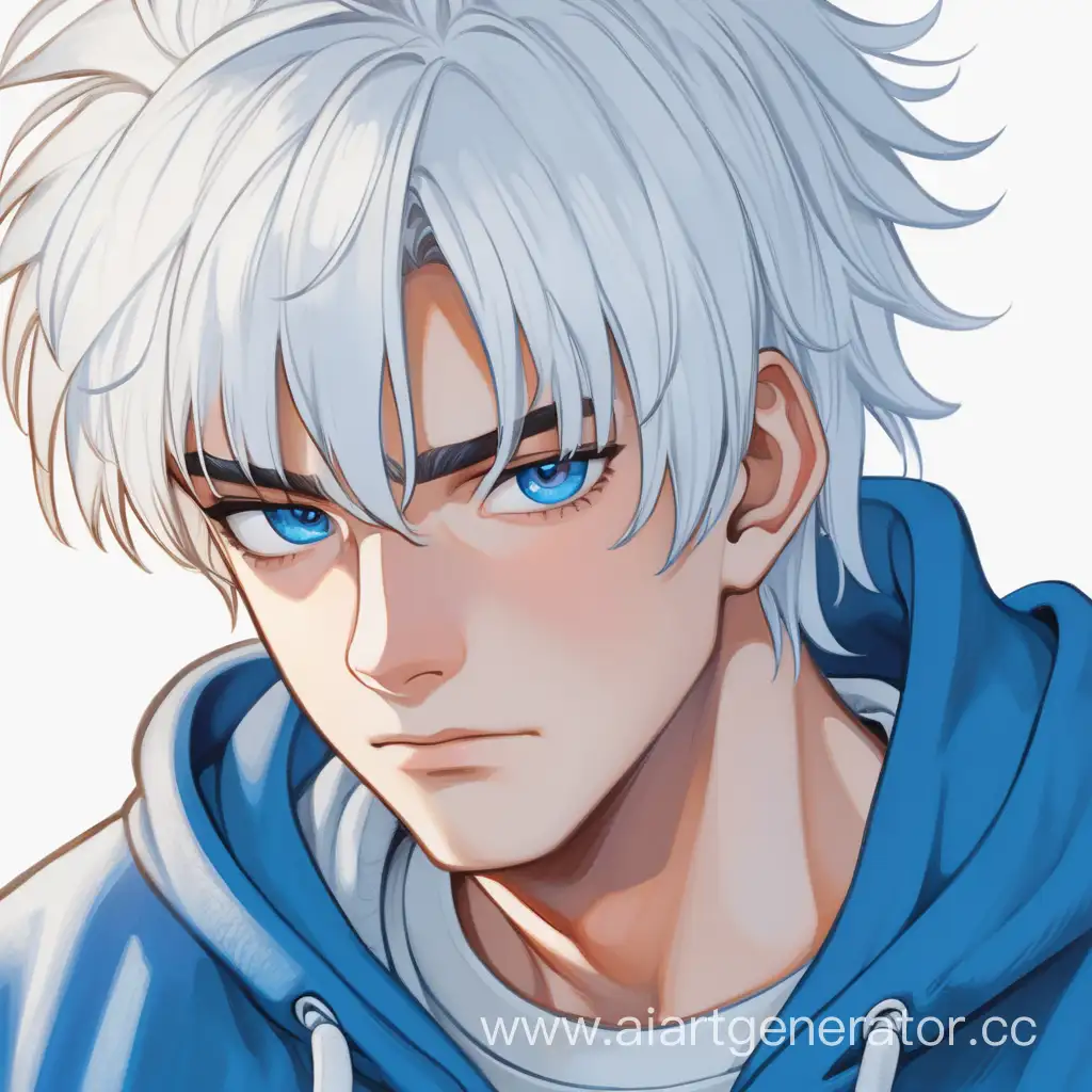 Мужчина 20 лет, белые волосы и брови, голубой цвет глаз, синяя толстовка и белая футболка