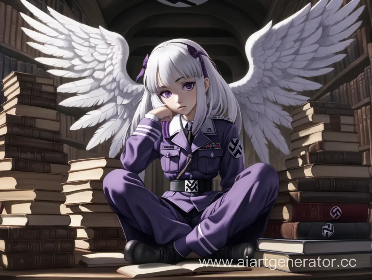 Mysterious-Anime-Character-with-White-Hair-and-Wings-Seated-in-Dimly-Lit-Ambiance