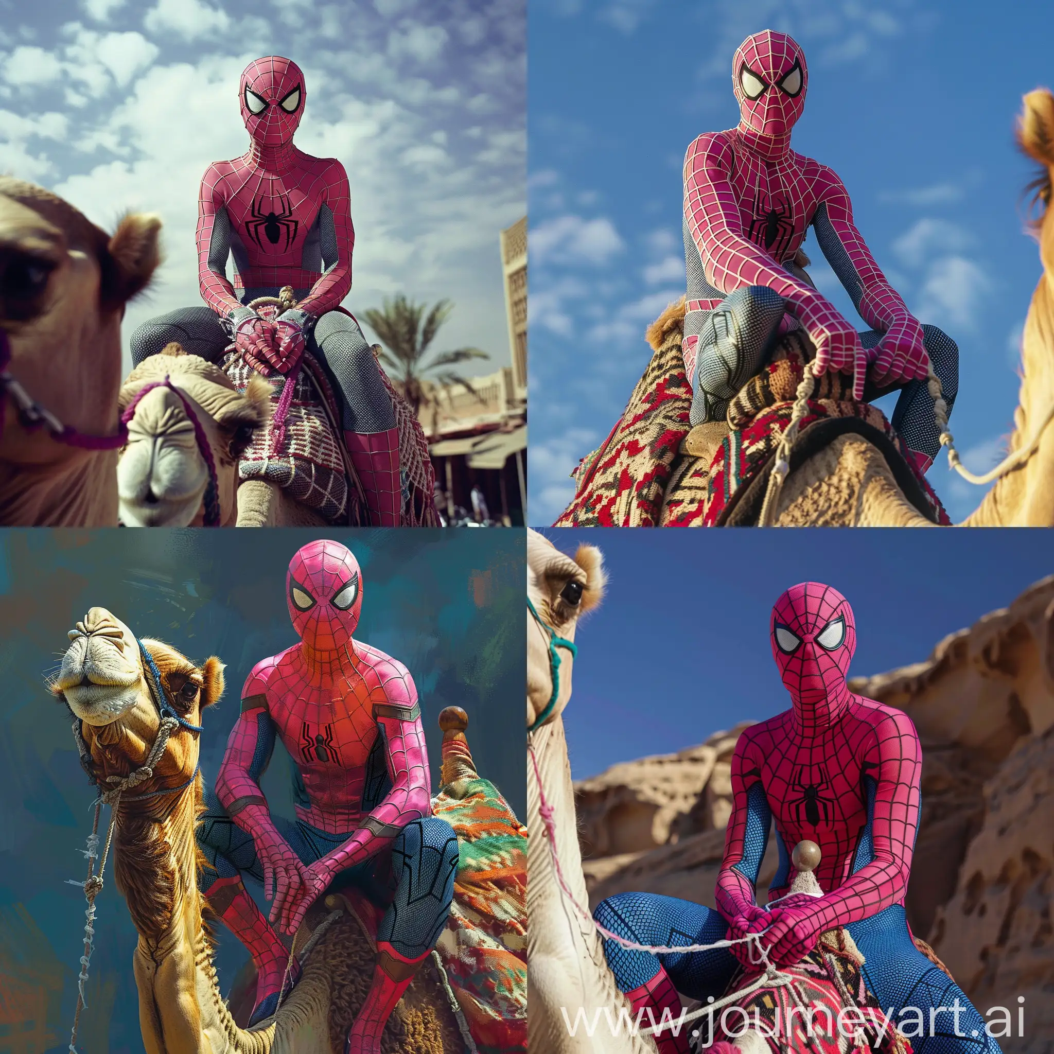 pink spiderman sitting on a camel