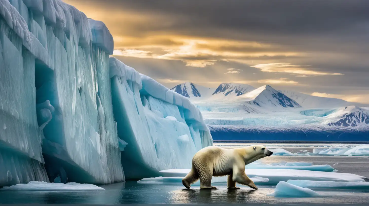 We are in Alaska, there is a glacier, a polar bear is walking across from the left, to the right is an icy ledge,  a seal is lying on the ledge, dramatic sky., golden light, 