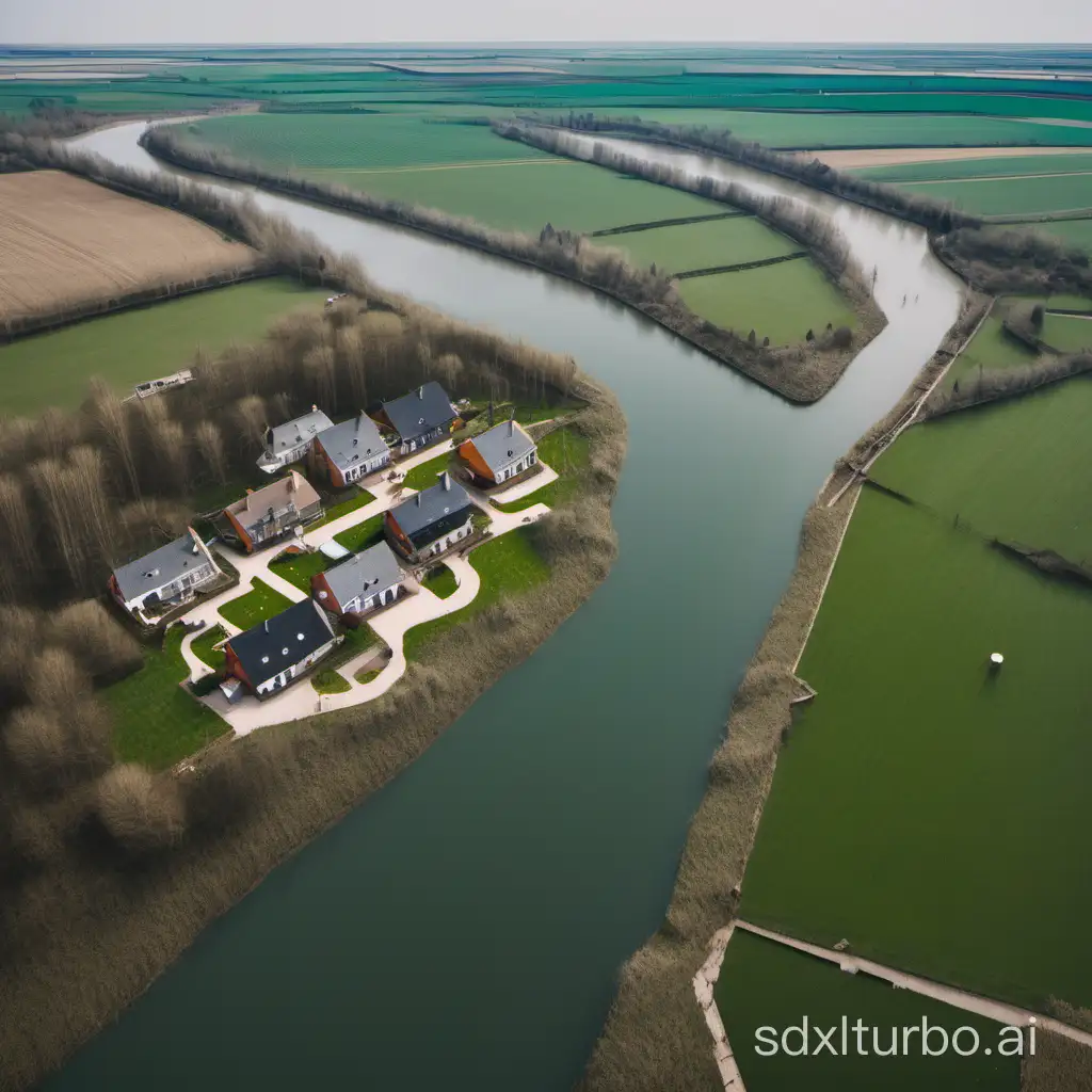 2 houses separated by a river in a landscape arial view