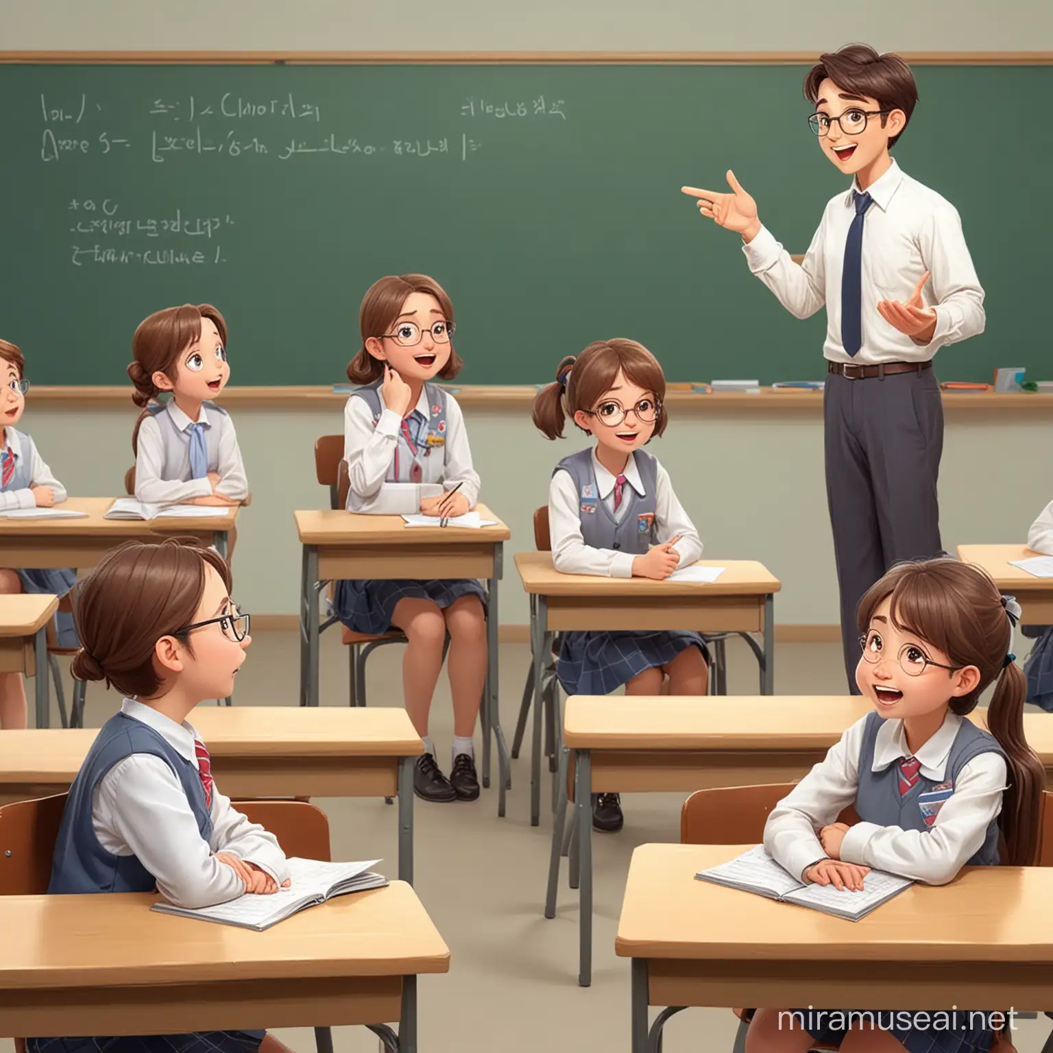 illustration art of a classroom, figure of a teacher who encourages discussion and knowledge exchanges between the teacher and students, cute poses and expressions, full color, side view, back view, front view, no outline