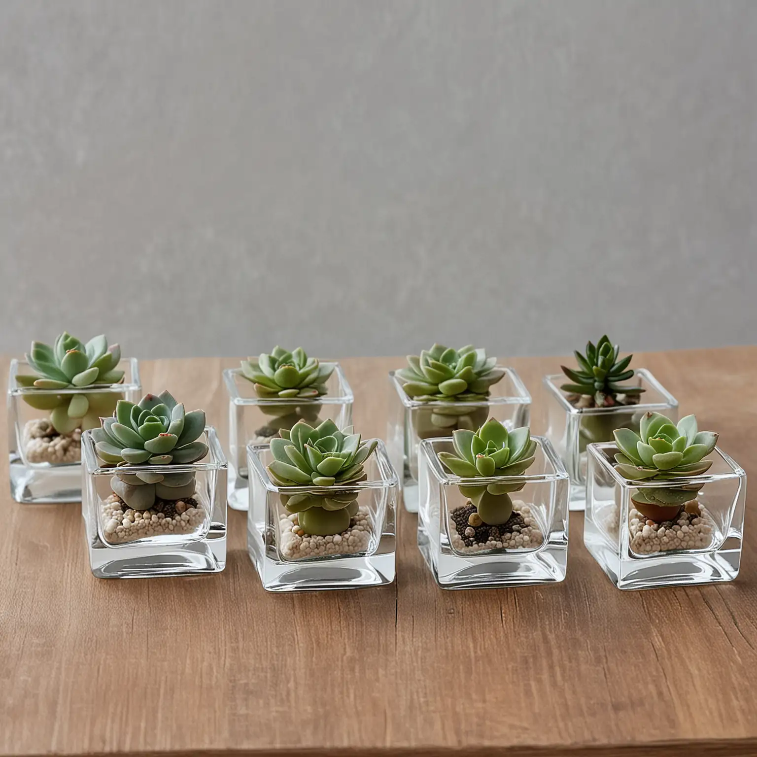 a collection of tiny symmetrically shaped clear glass square vases, each with a small succulent, perfect for a minimalist small wedding table centerpiece