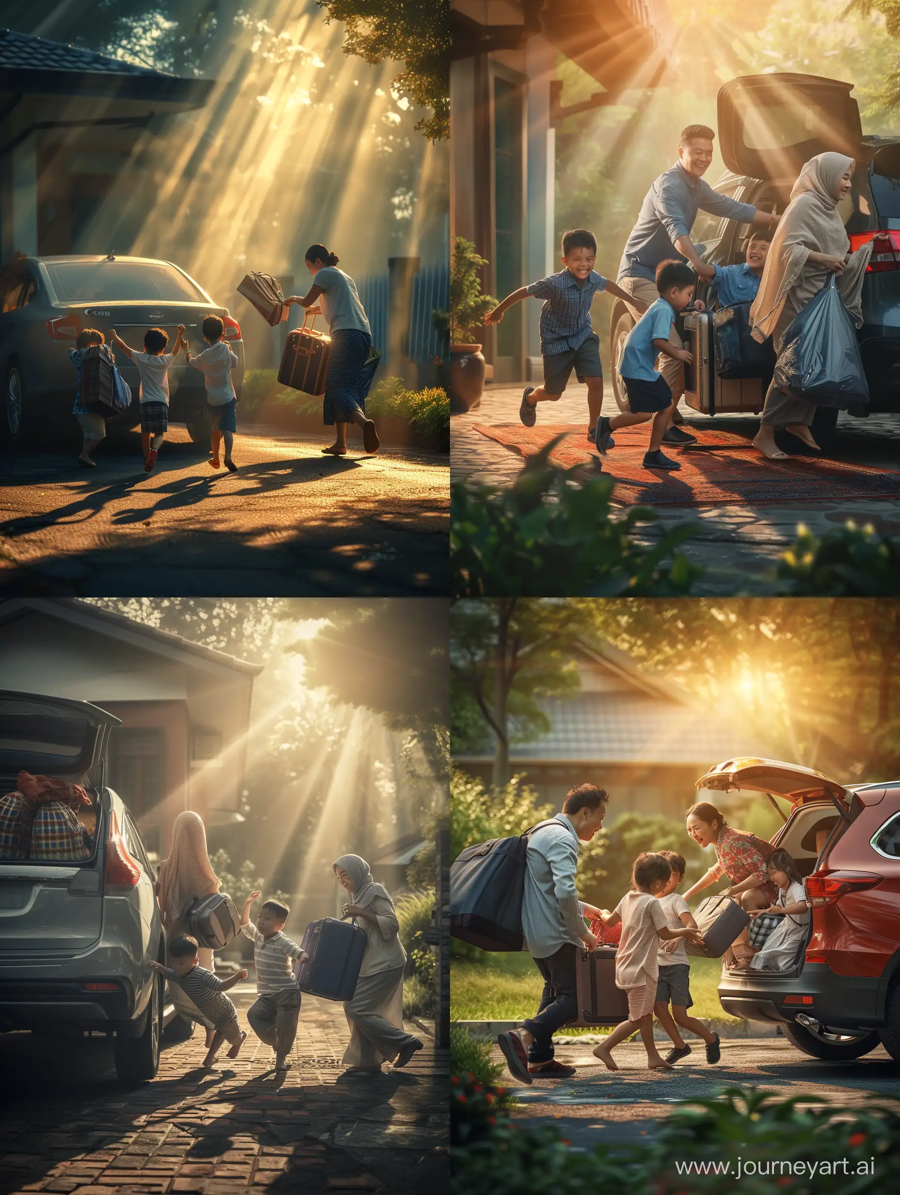Ultra realistic, a Malay married couple is packing and putting a suitcase into the car. two sons and a daughter are running happily into the car. they want to start a vacation. atmosphere in the yard in the morning. the rays of the newly rising sun. canon eos-id x mark iii dslr --v 6.0