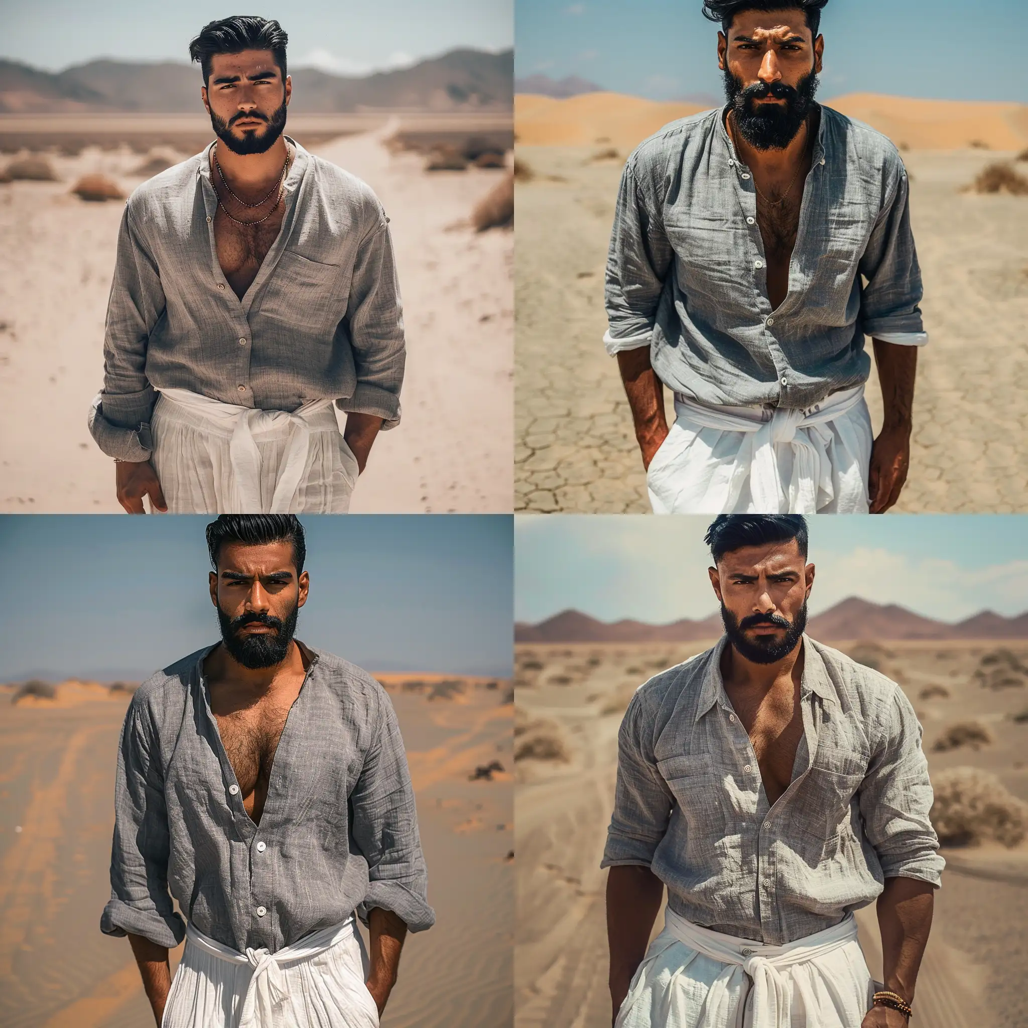 Cinematic, man in his 20s, grey linen oversized shirt, buttons open, white linen trousers, has slick black hair, square face, has full thick black beard, he weighs 74kg, in a desert, looking into the camera, Captured in Nikon camera, the desert is empty