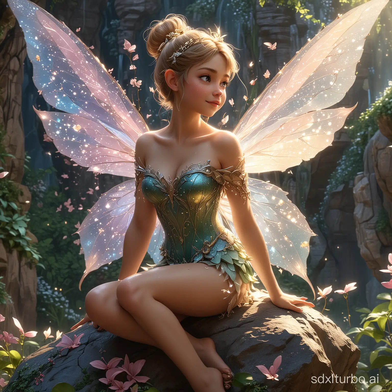  a beautiful fairy sitting on top of a rock, trending on cg society, highly intricate wings!, pixie, intricate body, tinkerbell, the non-binary deity of spring, she has a glow coming from her, beautiful painting of a tall, amazing wallpaper, glistening body, art in the style of disney, super detailed and realistic 
