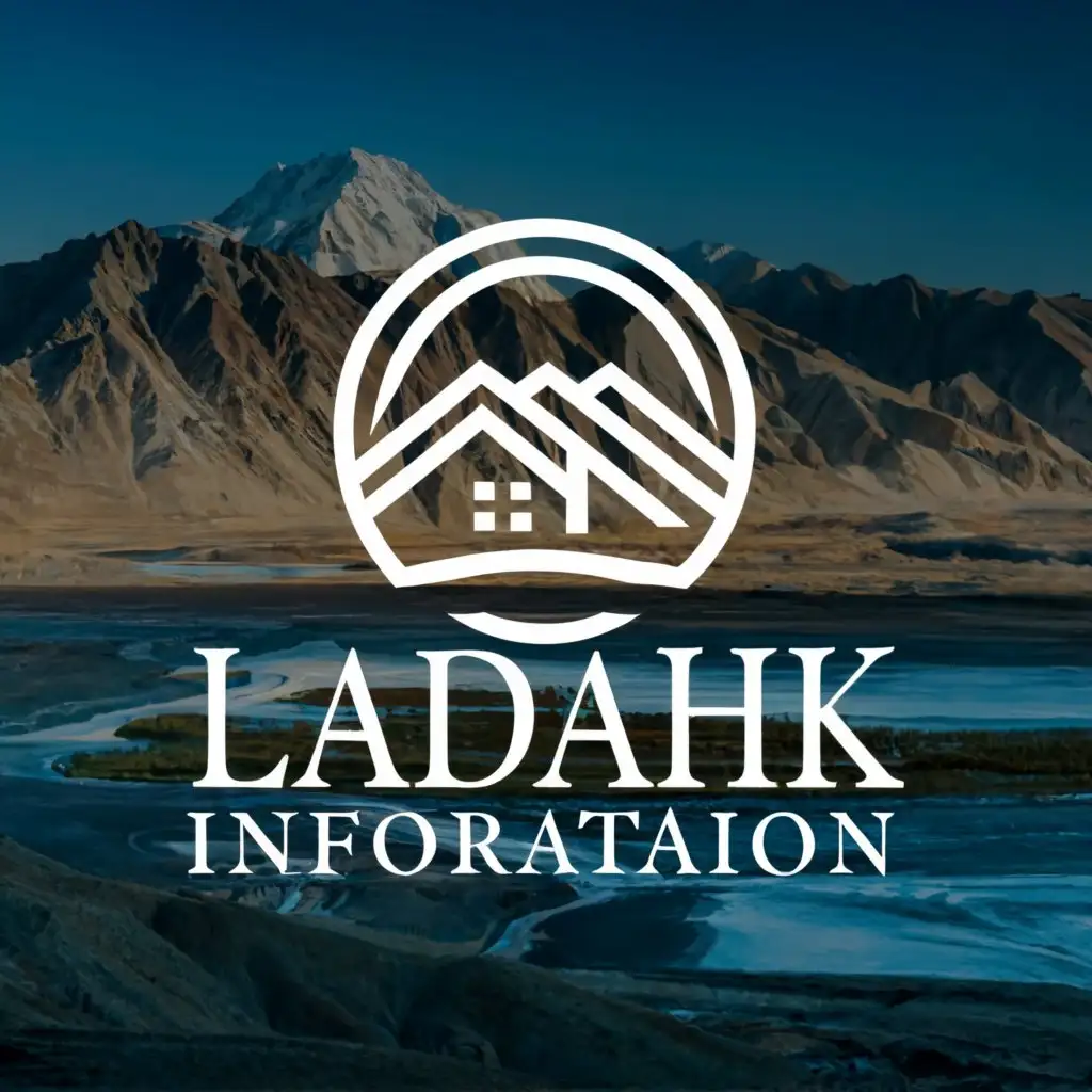 a logo design,with the text "Ladakh information", main symbol:Snow mountain  blue green sky 
Botum of mountain make  home  near river lake  rail
,complex,be used in Sports Fitness industry,clear background