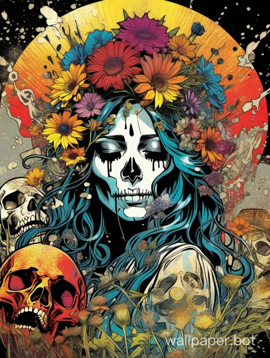 motley, crown, skull face, closed eyes, asymmetrical, Alphonse Mucha poster, explosive multicolored wild flowers dripping paint, comic book, high textured paper, hyper-detailed lineart, black water, high contrast colors, sticker art