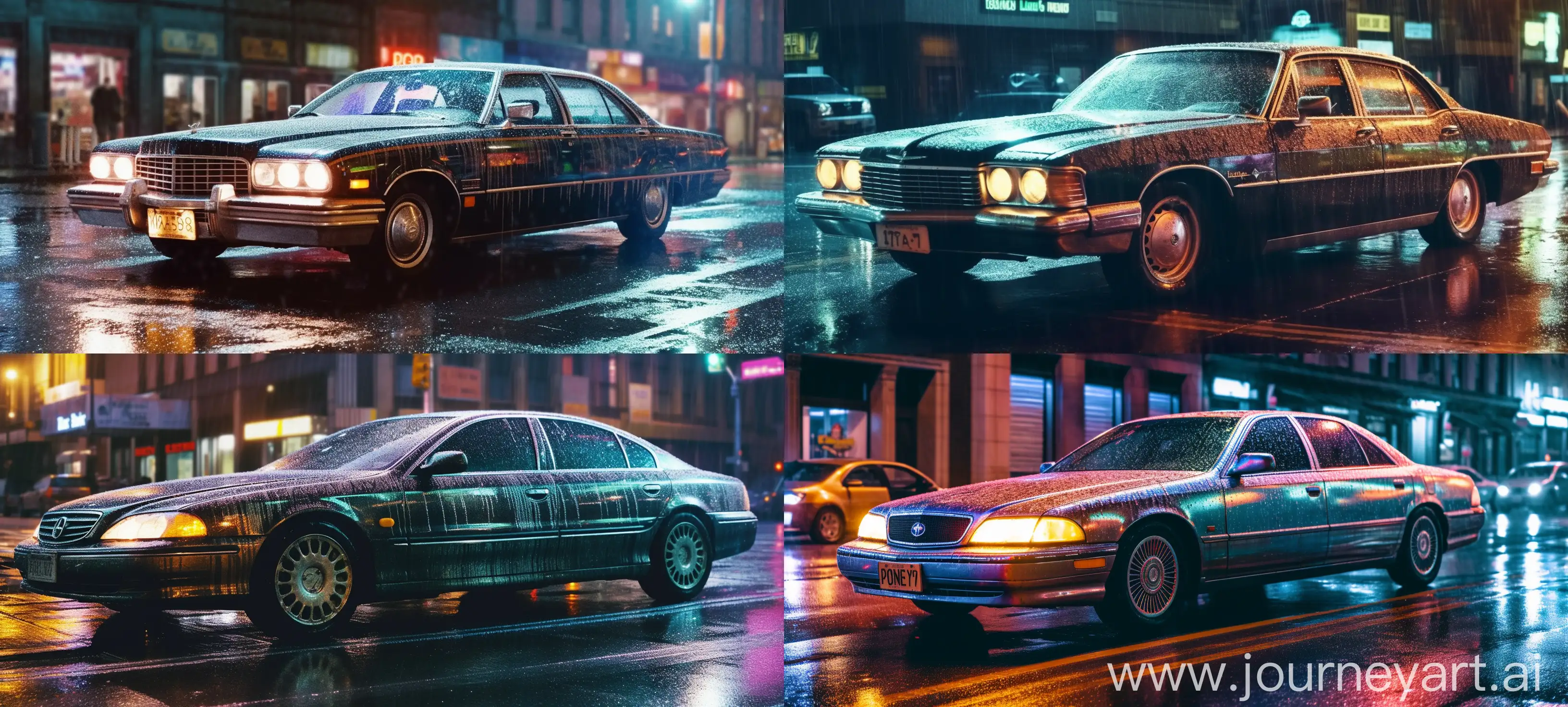 double exposure photo of a film like scene of a black futuristic peugeot 406 with very wide tires. The city lights are very psychedelic colors in NYC. Hyperrealistic, [inspired in the movie blade runner] (Shot with panavision camera) (Ultra detailed) --ar 20:9 --v 5 --s 750