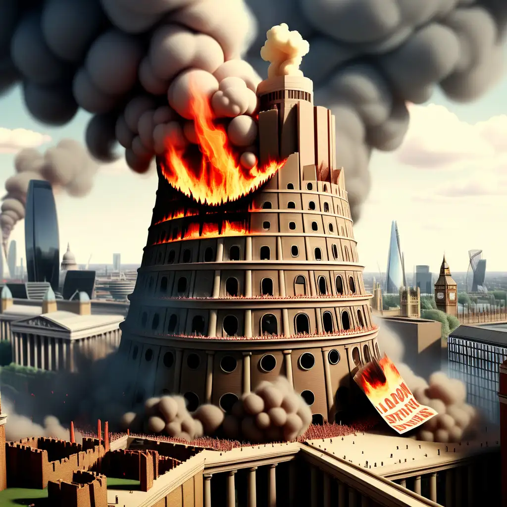 London Citizens Protesting as Tower of Babel Burns Against Skyline