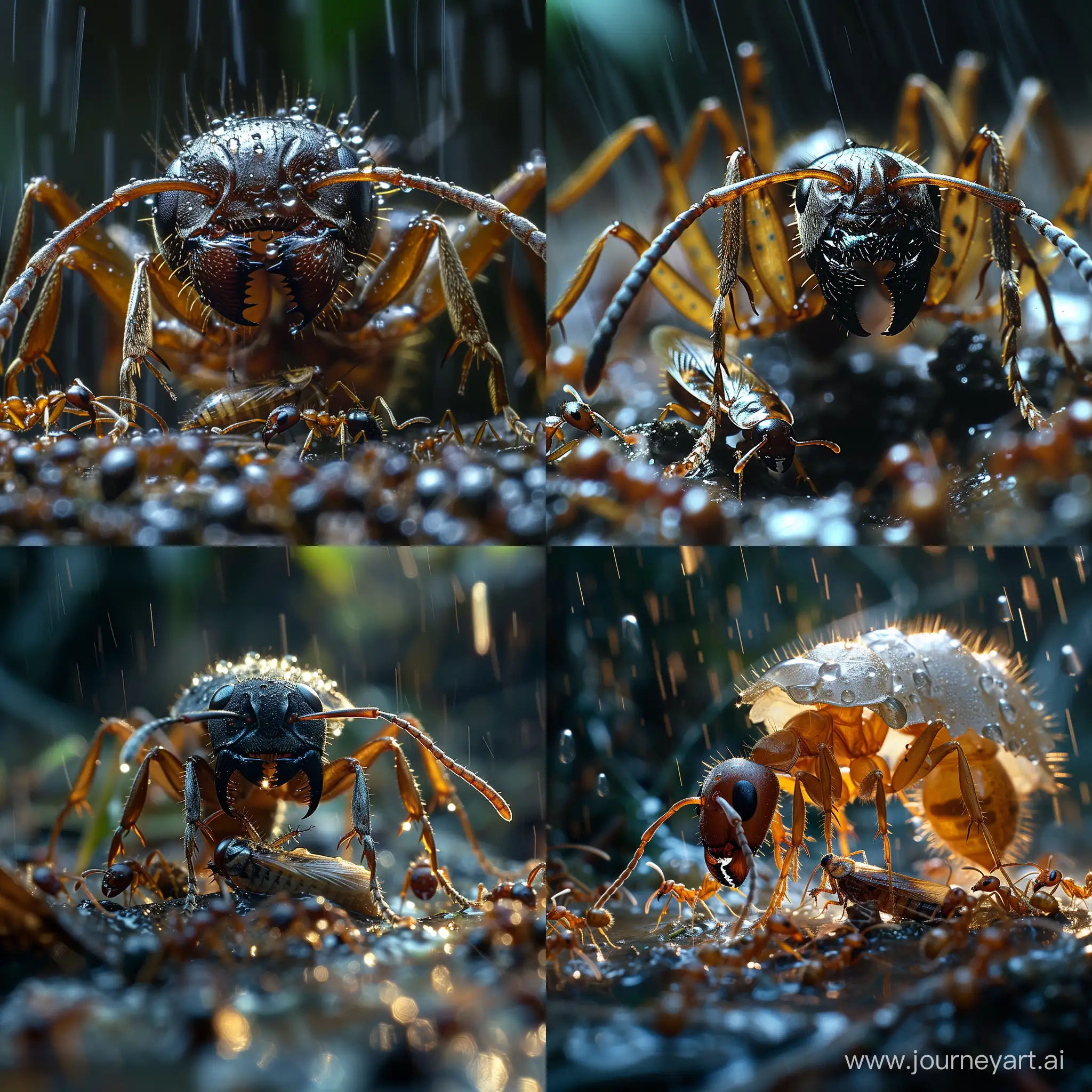 Predatory-Macro-Photography-Giant-Ant-Preying-on-Cockroach-Amidst-Jungle-Rain