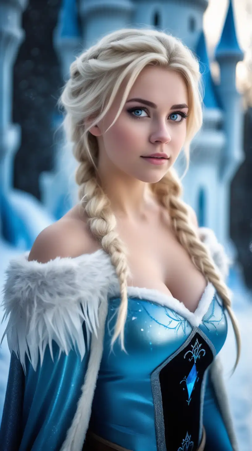  Beautiful Nordic woman, very attractive face, beautifully detailed eyes, big breasts, dark eye shadow, messy blonde hair, wearing an Elsa cosplay outfit, bokeh background, soft light on face, rim lighting, facing away from camera, looking back over her shoulder, standing in front of an ice castle , photorealistic, very high detail, extra wide photo, full body photo, aerial photo