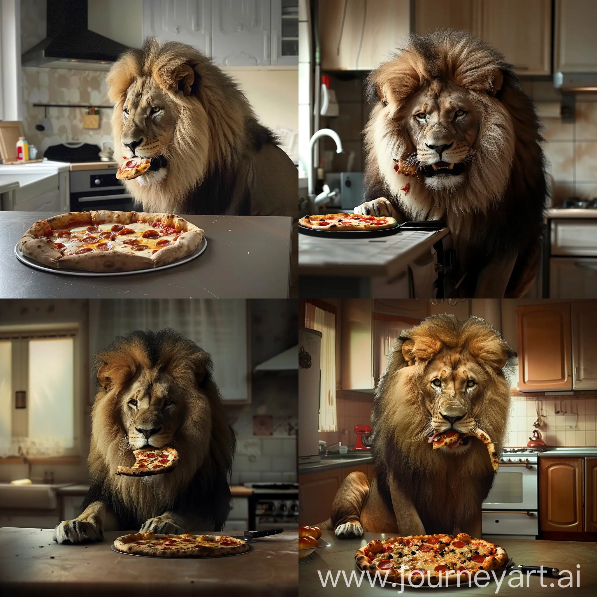 a lion in a kitchen eating a pizza