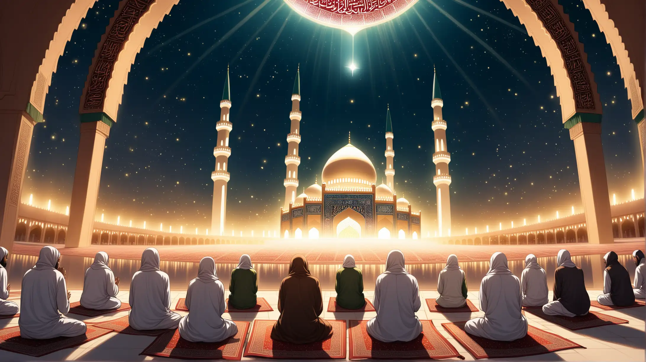 For a photo representing Surah Al-Fath, consider an image of a serene mosque or a group of worshippers engaged in prayer, with a subtle glow or light emanating from the scene, symbolizing the enlightenment and guidance found in the verses of this chapter. You could also incorporate elements such as an open Quran with the text of Surah Al-Fath visible, or a depiction of the victorious and peaceful atmosphere described in the Surah.