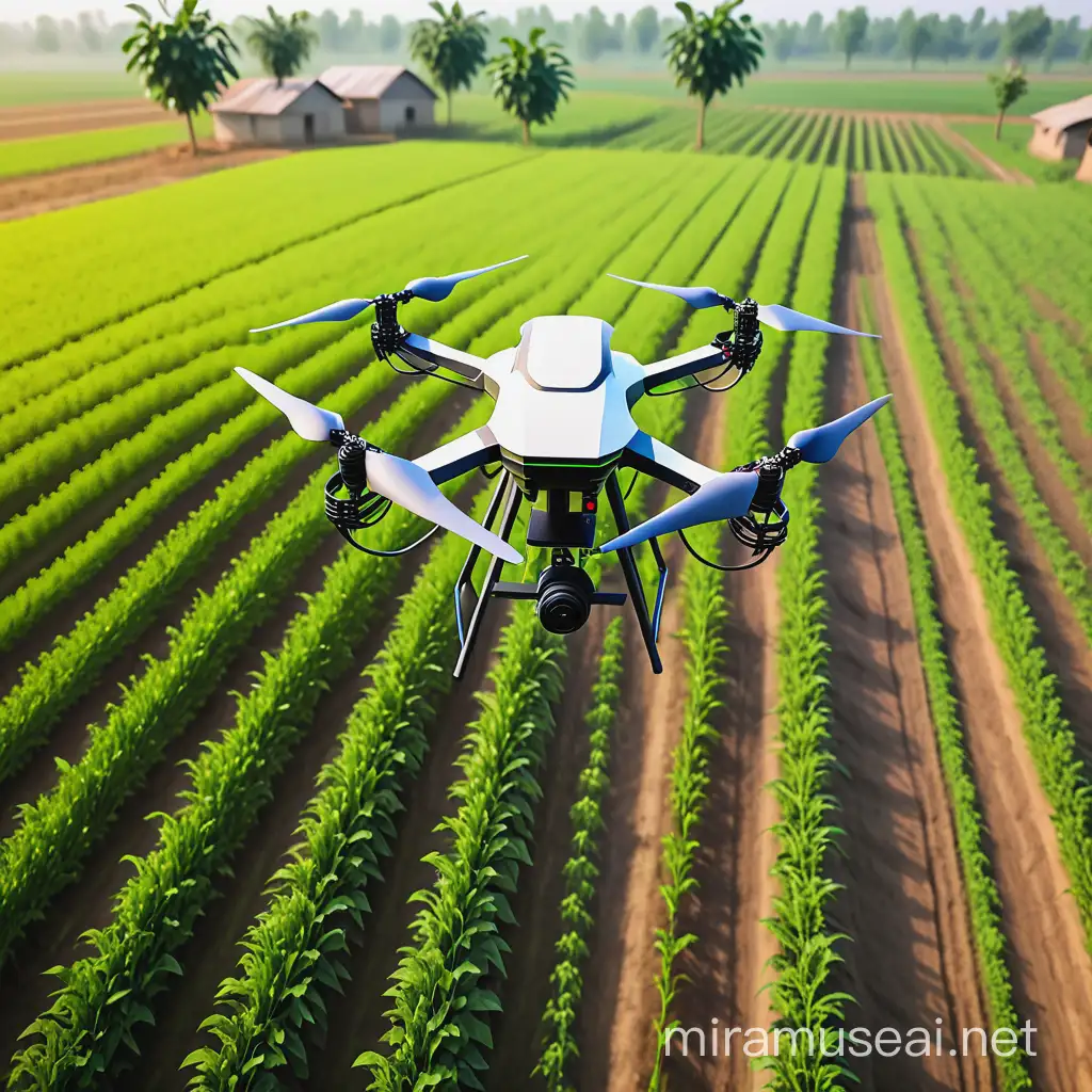 agriculture sprayer drone in village working efficiently with good crop growth and happy farmer