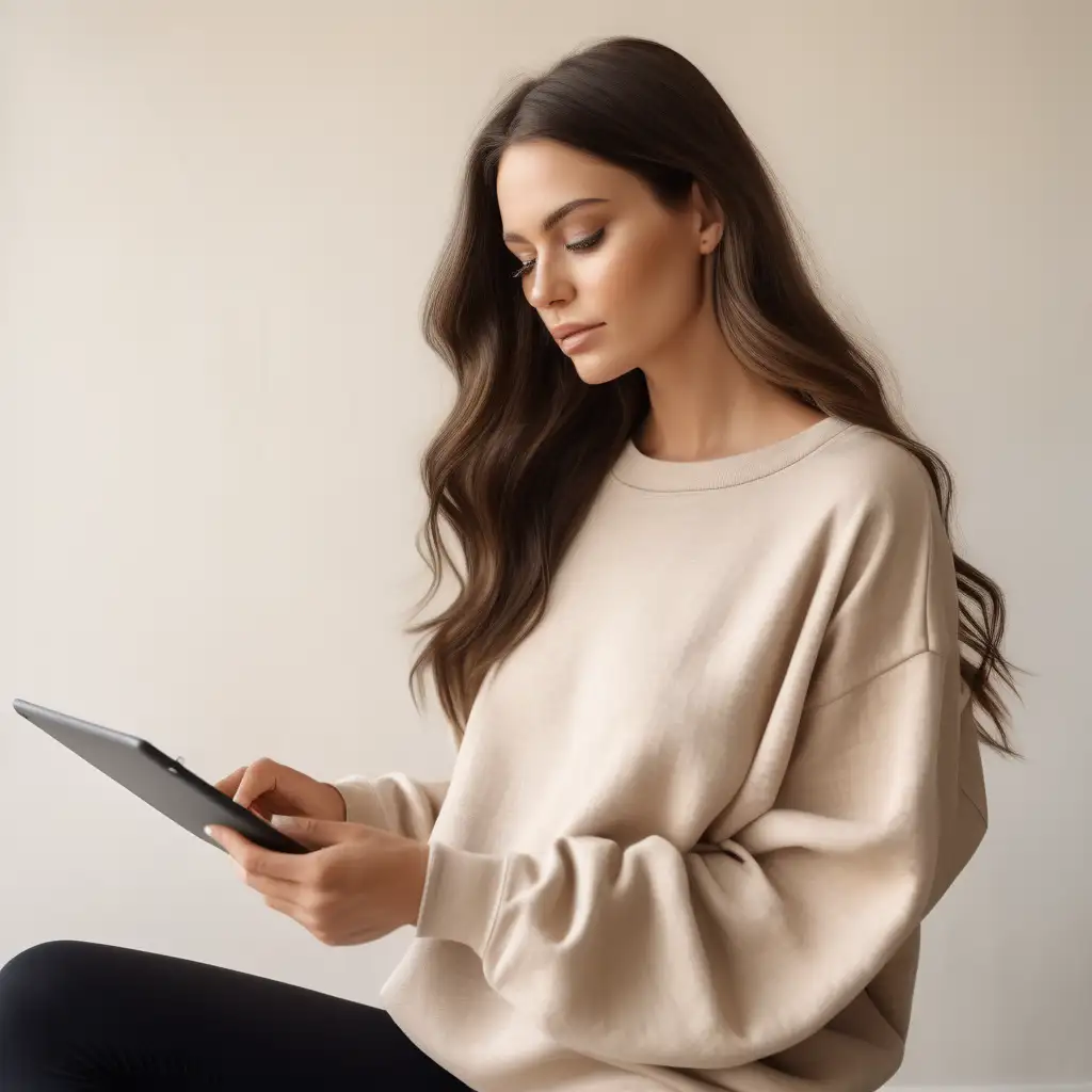 A stylish woman wears a casual, oversized nude sweatshirt. Her makeup is natural, highlighting her features, and she has long, slightly wavy brown hair. She pairs the blouse with a black leggings. She is working on her tablet with both hands and looking at the screen of the tablet. The background is plain ivory wall with linen to add coziness. White and beige aesthetic.