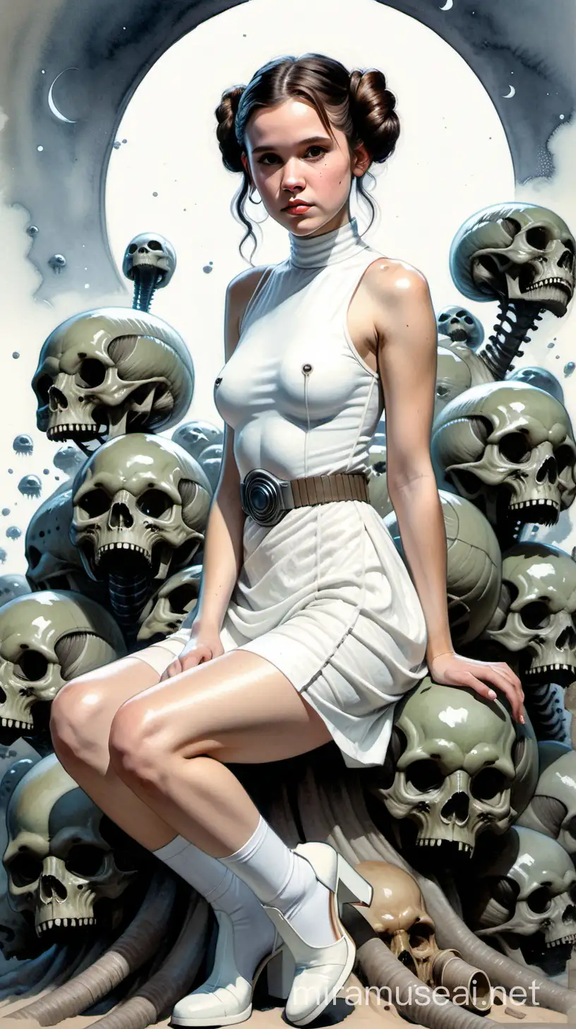 Millie Bobby Brown as Young Princess Leia Smirking on Pile of Alien Skulls