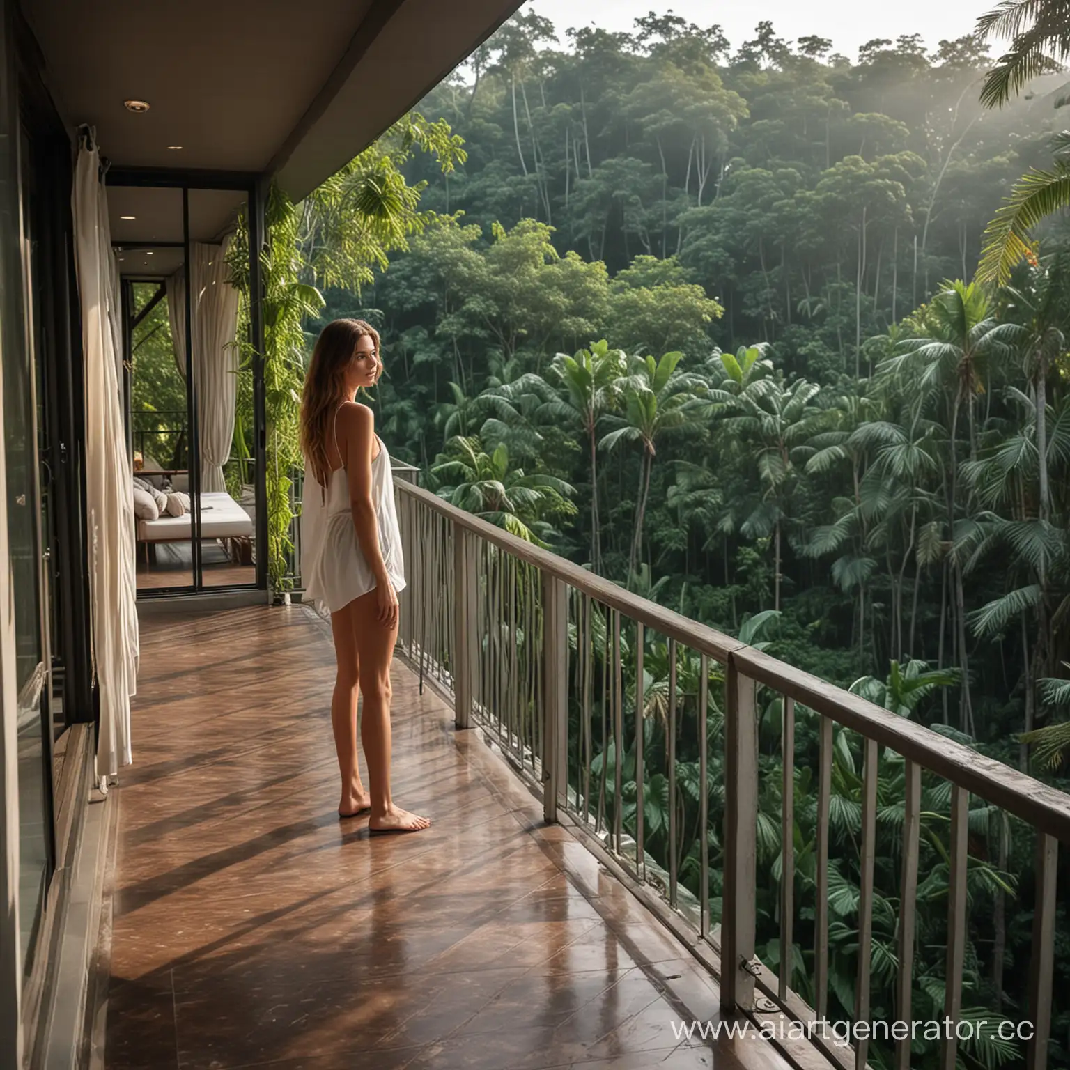 a girl model in a modern hotel in the jungle on a balcony