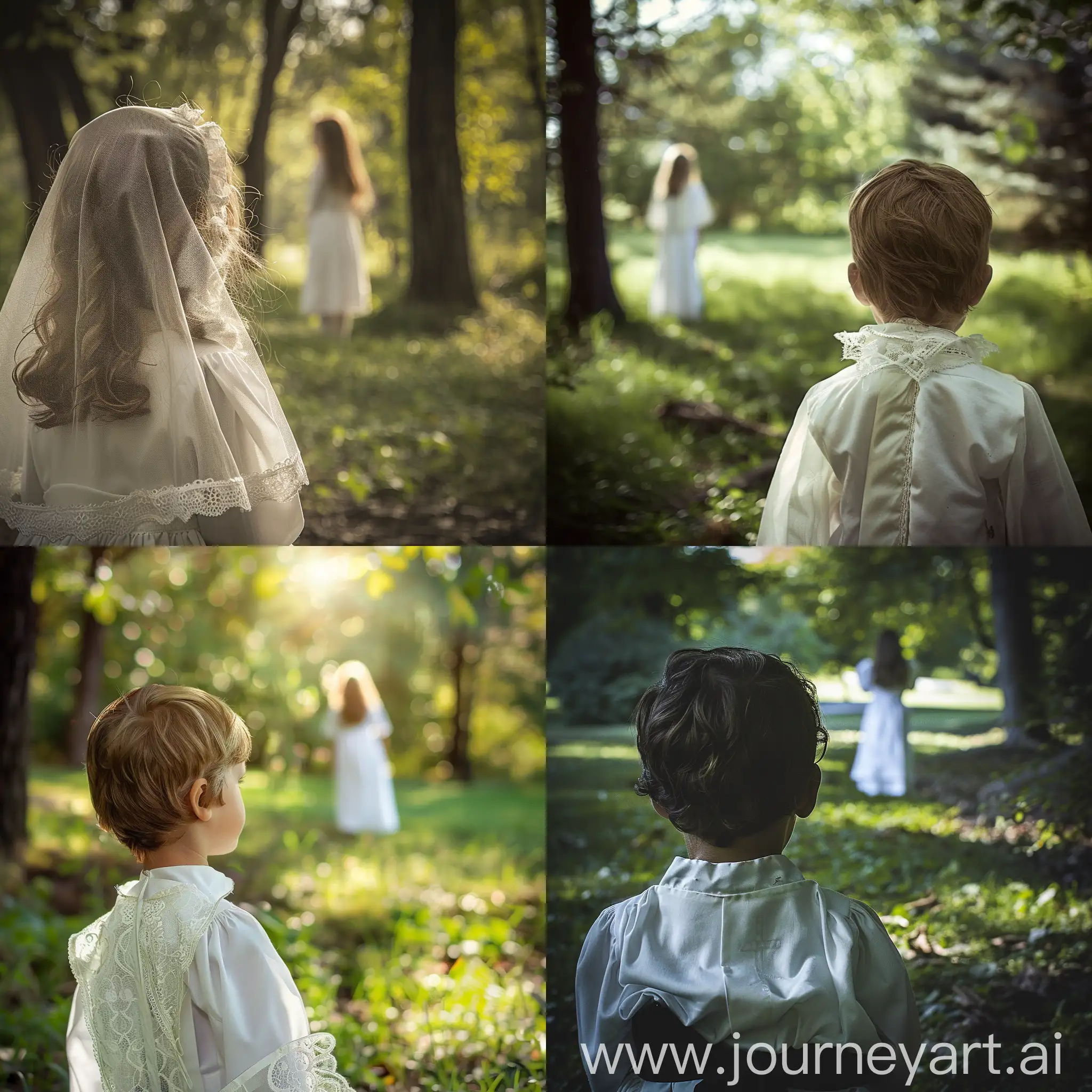 create a photo of a child, first communion, dressed in an alb, a girl standing in the distance, in a park,