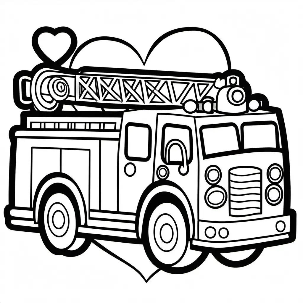 Firetruck valentine, Coloring Page, black and white, line art, white background, Simplicity, Ample White Space. The background of the coloring page is plain white to make it easy for young children to color within the lines. The outlines of all the subjects are easy to distinguish, making it simple for kids to color without too much difficulty