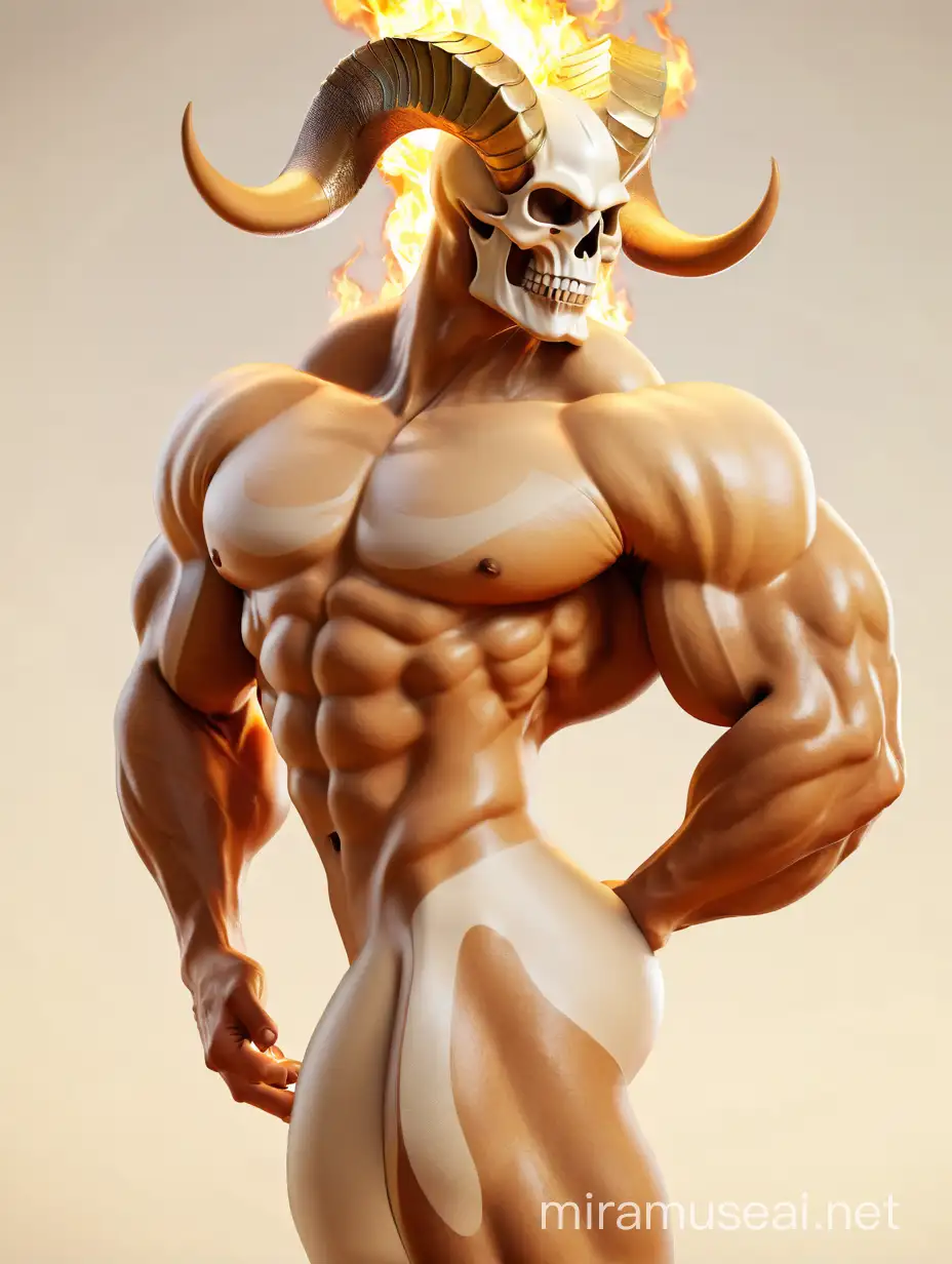 Humanoid character with a human skull for a head, smug eyes, fire around the neck and trapezius, cream horns pointing up, soft pale detailed cream skin, wide shoulders, naked, biceps, thick thighs, rear, smooth details, detailed scenary, gluteus