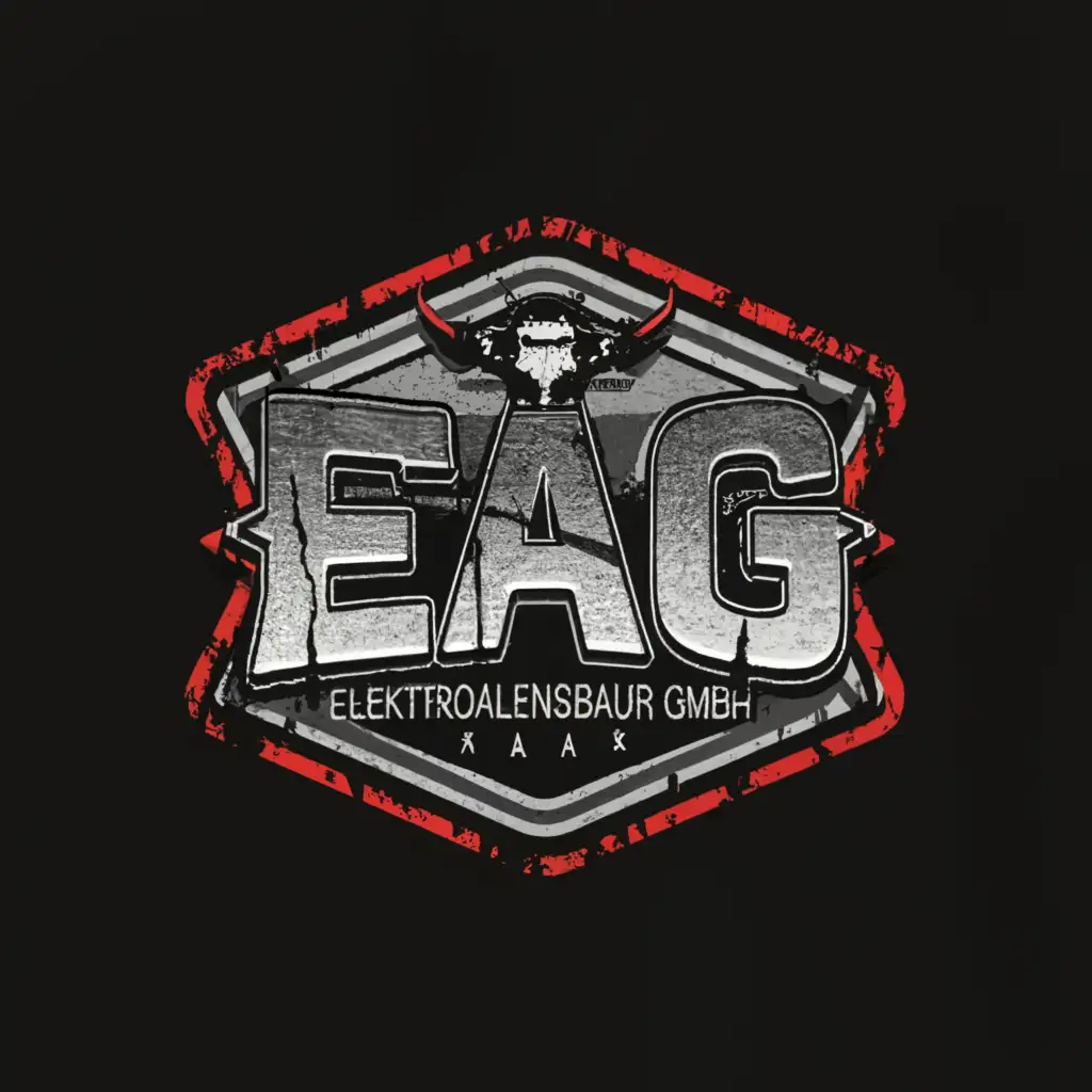 a logo design,with the text "EAG", main symbol:The input is already in English. The logo shows the company name 'EAG Elektroanlagenbau GmbH' in striking, angular letters that are reminiscent of biker gang lettering. The letters could appear weathered or worn to convey a tough character. Below that, a stylized circuit or electrical bolt could be placed in a bold, dynamic style to emphasize the connection to electrical engineering. The color palette could include dark tones such as black, gray, and dark red to create a robust, rebellious atmosphere associated with biker gangs.,Moderate,clear background