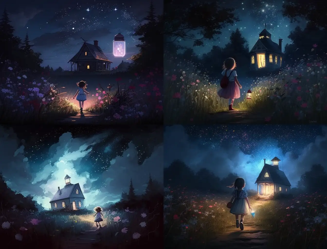 Young-Girls-Midnight-Adventure-Capturing-Fireflies-in-Meadow-by-Tiny-Red-Church