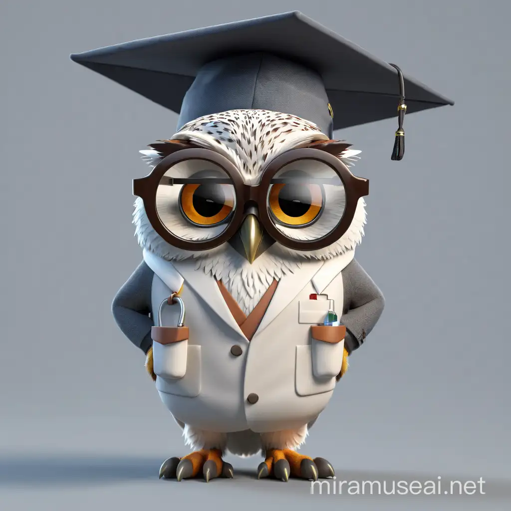 Owl, professor of medicine, wearing white coat, round glasses, Hands in pockets, clean background.