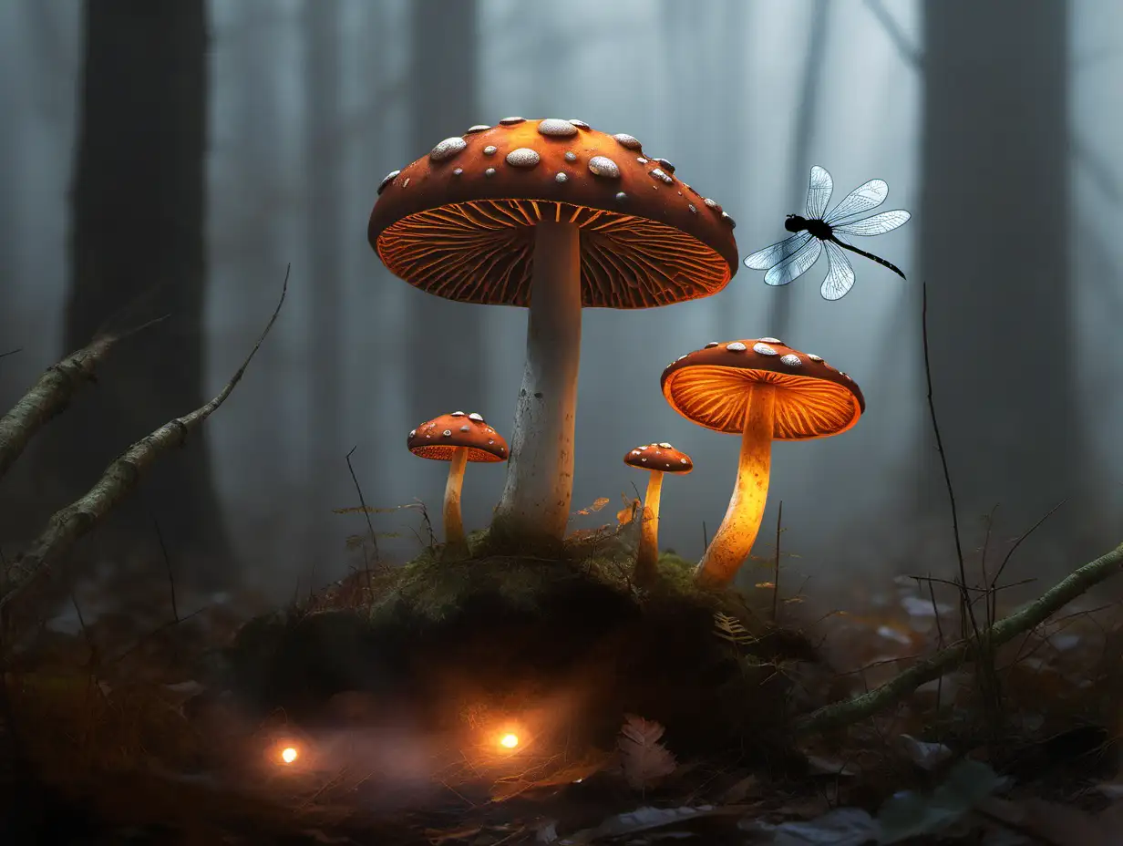 misty forest floor, rust colored spotted mushroom with glowing underside, dragonflies filling the air
