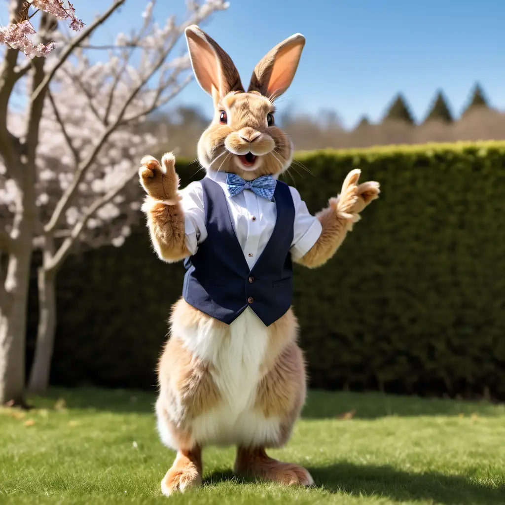 Full length shot. 
A smiling, friendly, fluffy, light brown rabbit with ears pointing upwards, standing upright, relaxed clothing, wearing a bow tie.

The rabbit should be waving and looking at the camera. The rabbit is stood outside in a spring setting with trees and blue sky in the background.