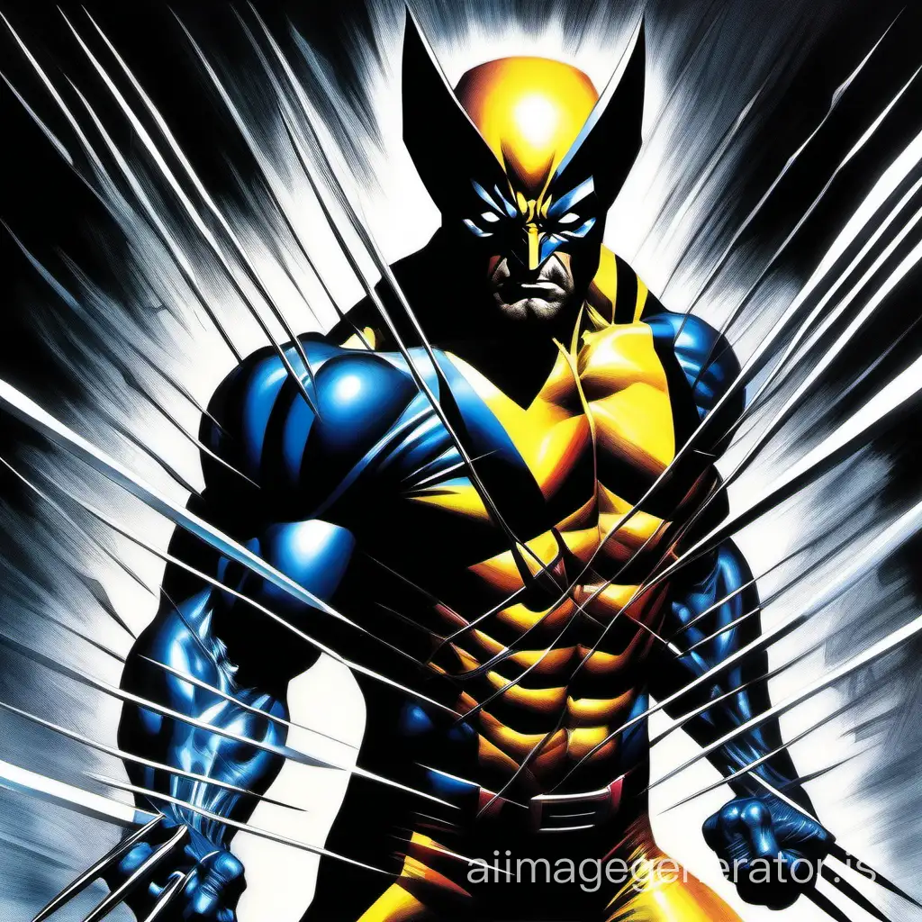 Imagine a wolverine in the style of Alex Ross. Masterpiece, best quality, high contrast, colorful, stark, dramatic, detailed background, high quality, by Alex Ross,