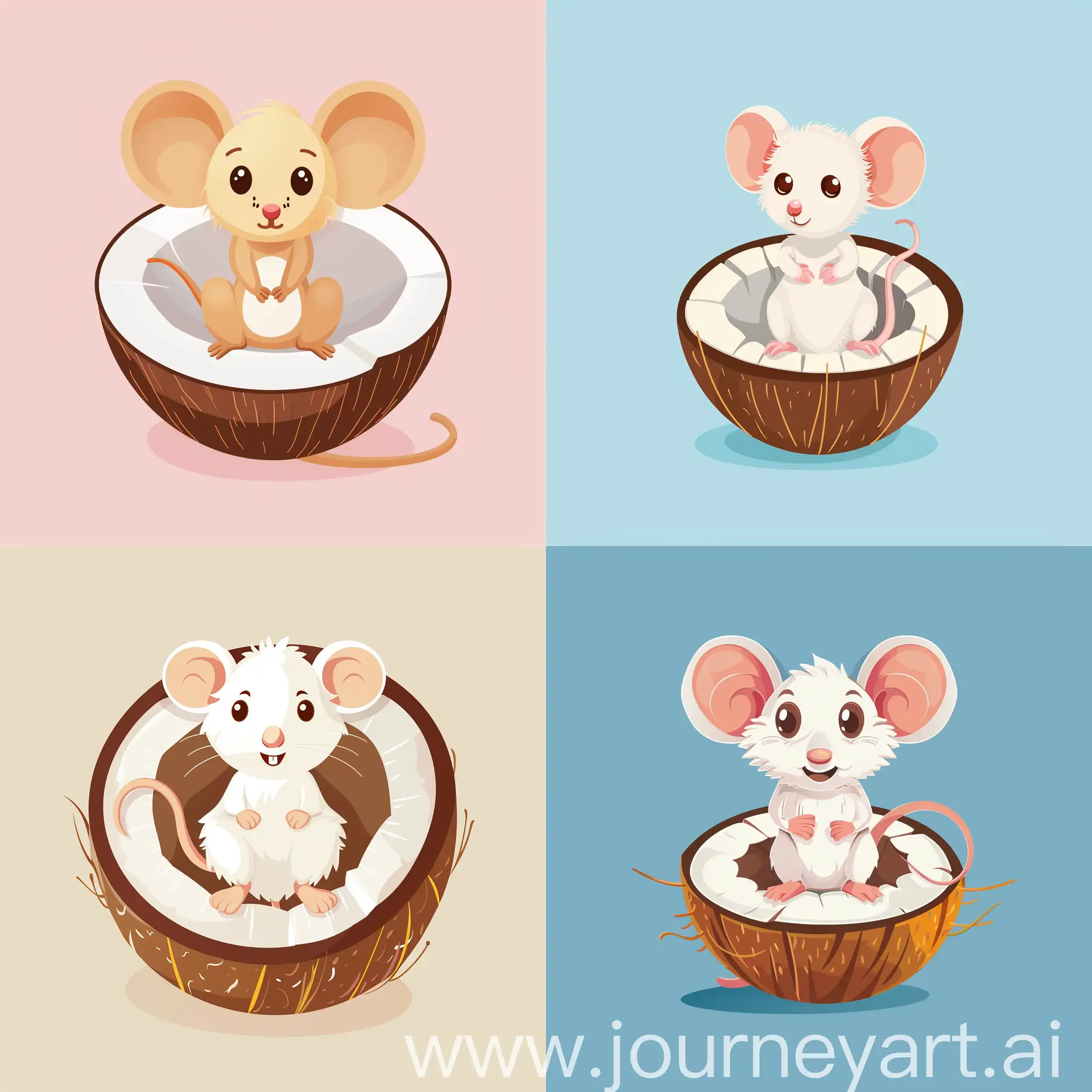 little cute mouse sitting in half of coconut, in cartoon flat style