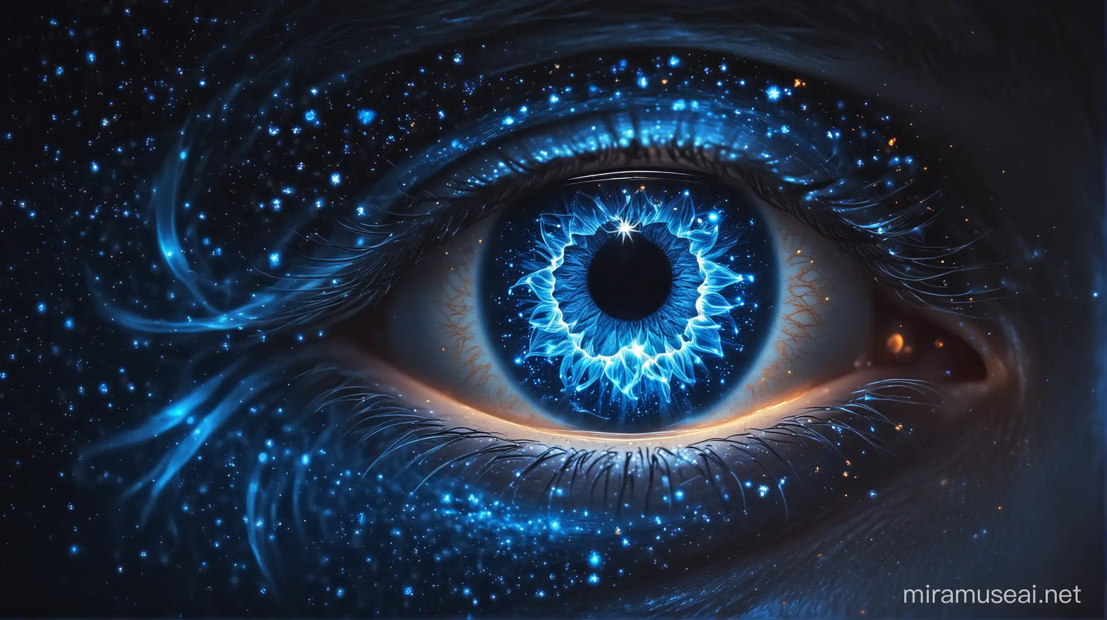голямо око направено от звезди интегразлни схеми и лъчиста енергия голямо око направено от звезди интегразлни схеми и лъчиста енергия красиво око цялото от синя светлина и звезди горящо със сини пламъци . око светещо и искрящо
