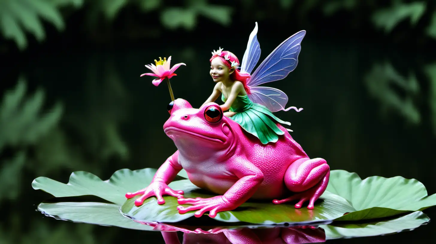 a fairy riding a pink frog on a pond
