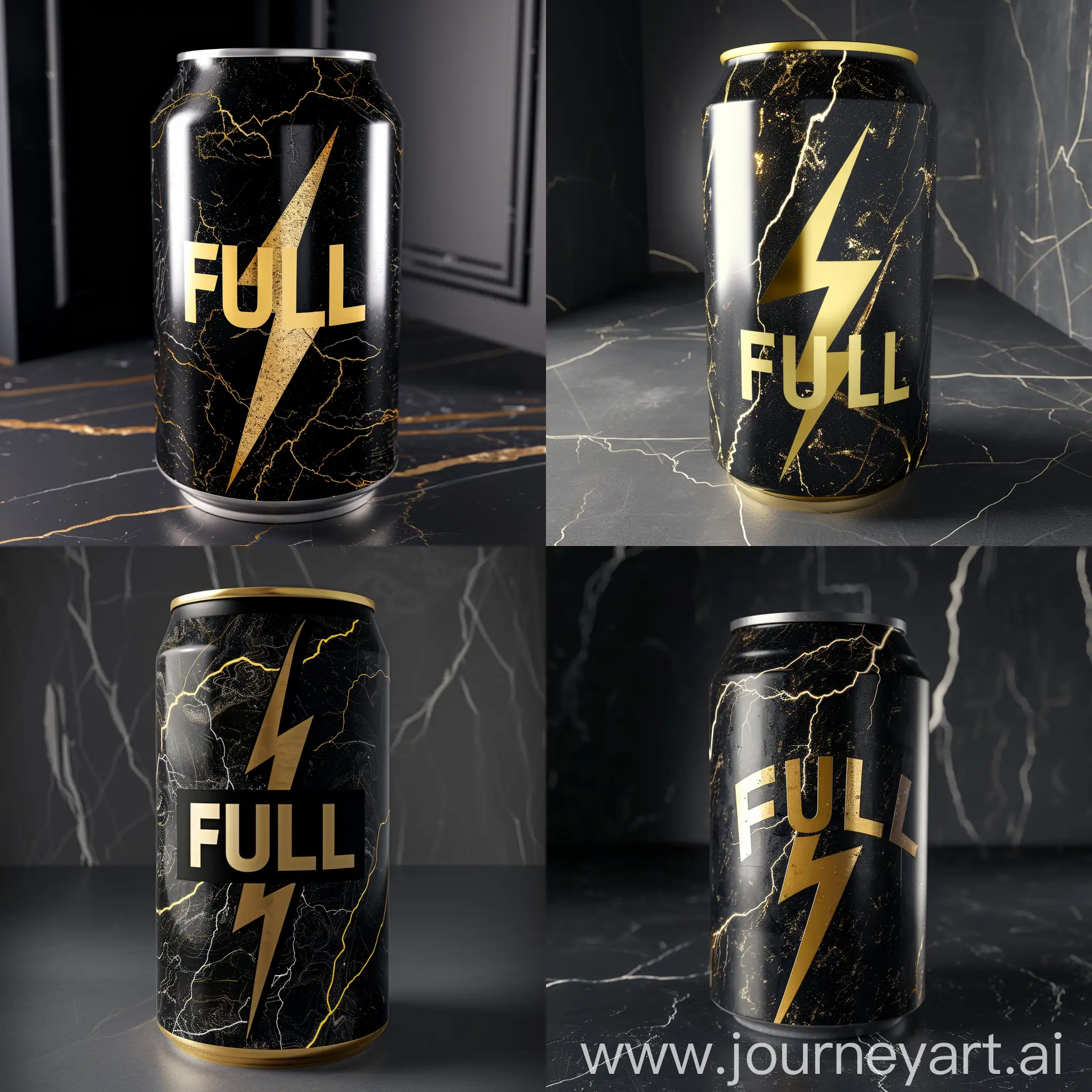 make an energidrink with the name 
FUEL and a golden lightning bolt as logo, on a black marmor can