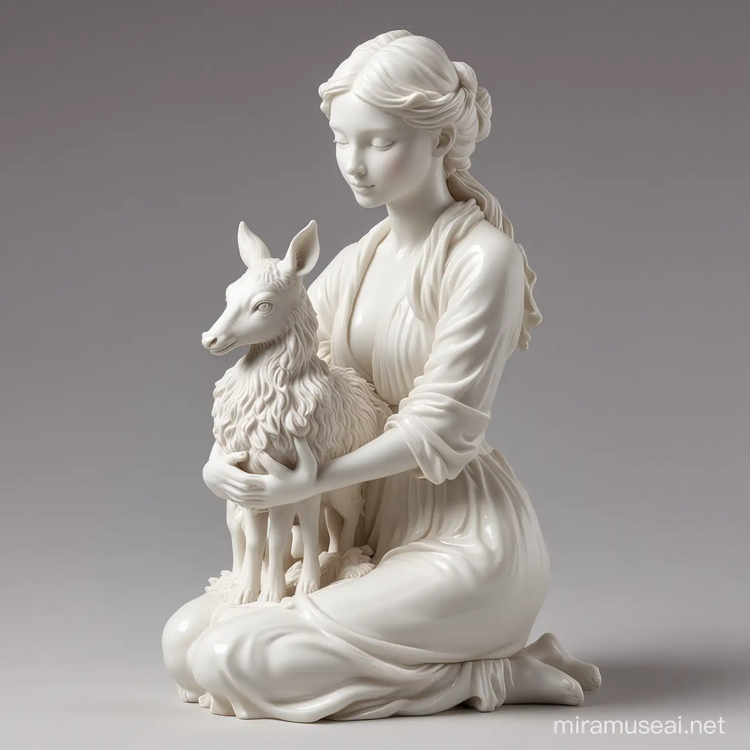 Sculpture of Person Embracing Fawn in White Porcelain
