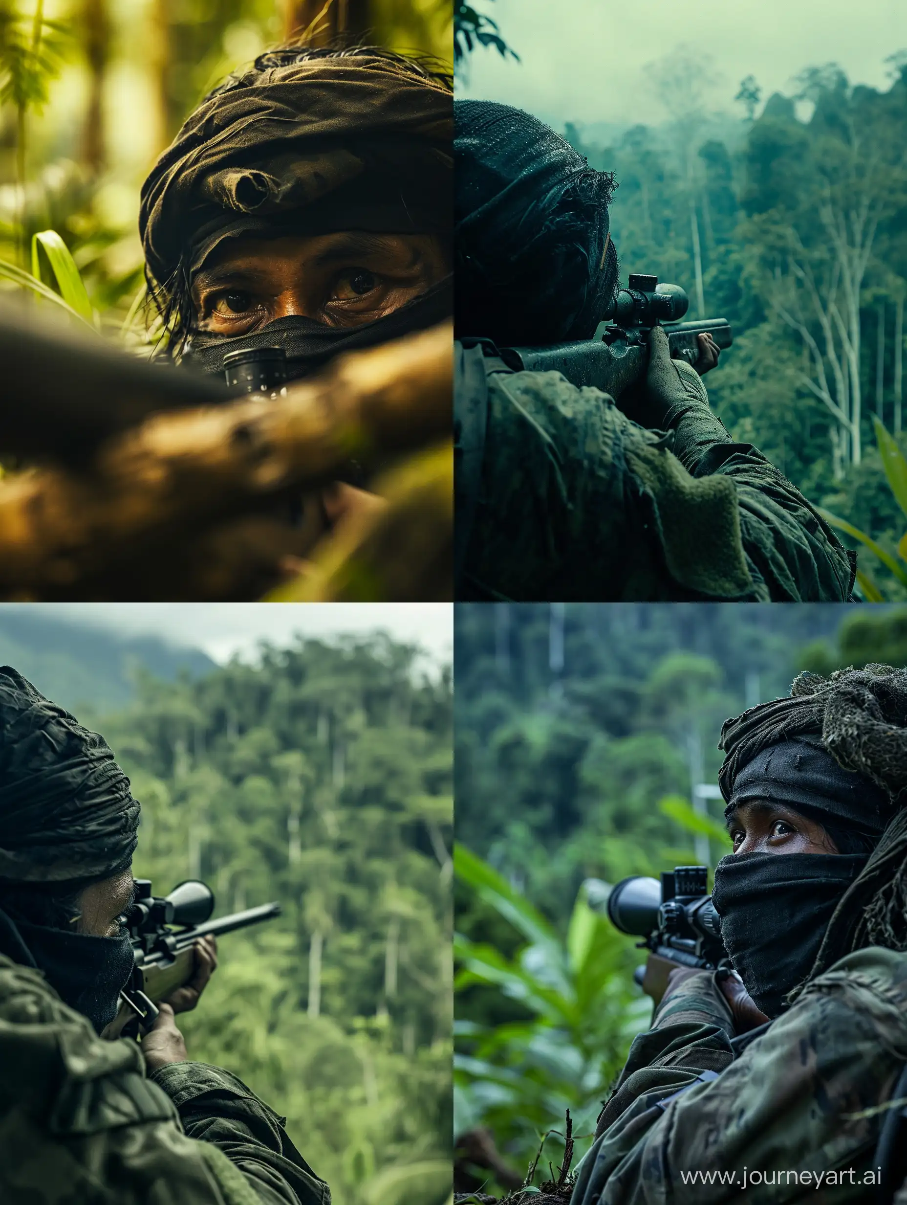 Make a film style thumbnail, a soldier, Indonesian sniper, wearing a black mask, forest background, aiming at the Papuan forest, long shot