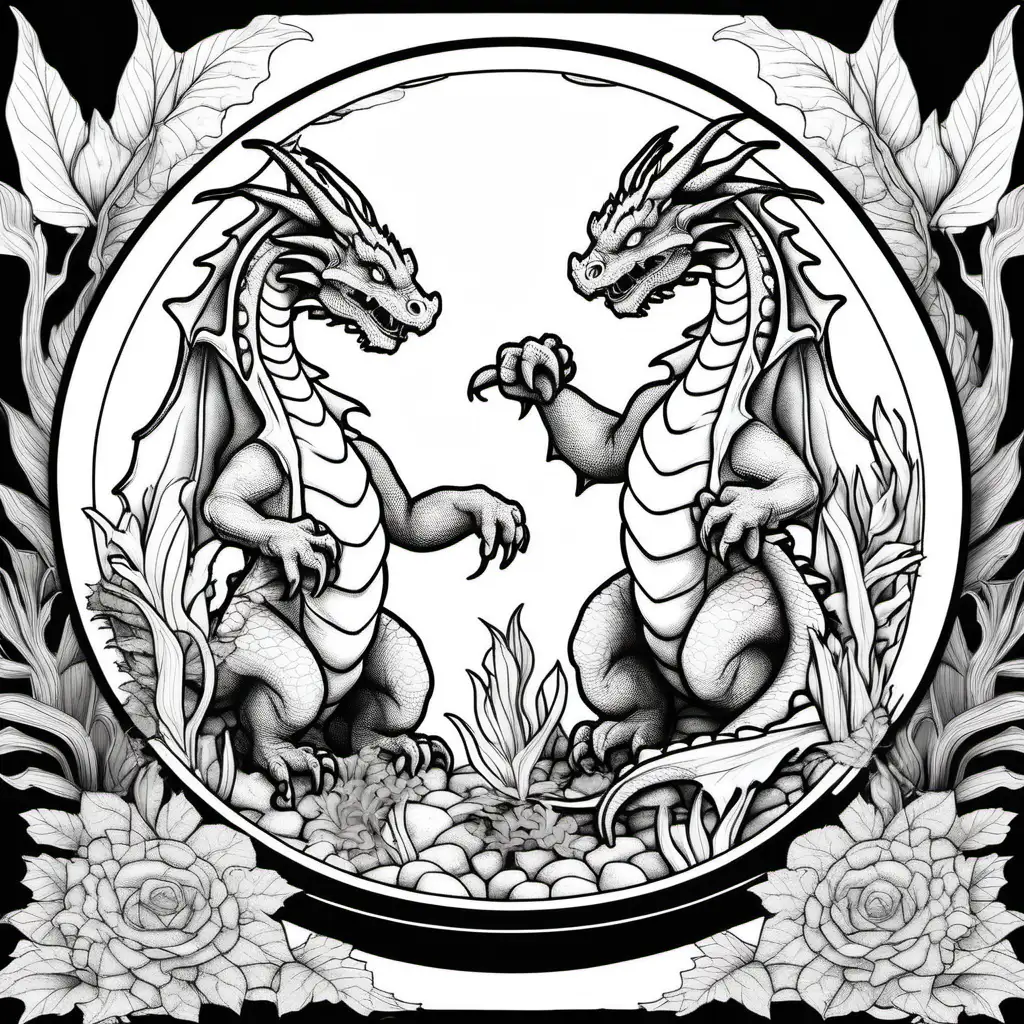 
two dragons
 in terrarium 
 inside, coloring book, back and white, no gray scale, clear, -- ar 9:11